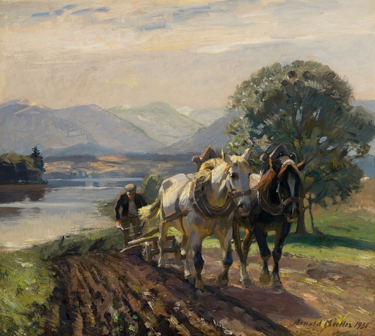 Arnold Möller, 1886 Bückeburg-1963 Bruckmühl, Beim Pflügen, so rückseitig betitelt, pflügender Bauer in Vorgebirgs- Landschaft mit See, ...
