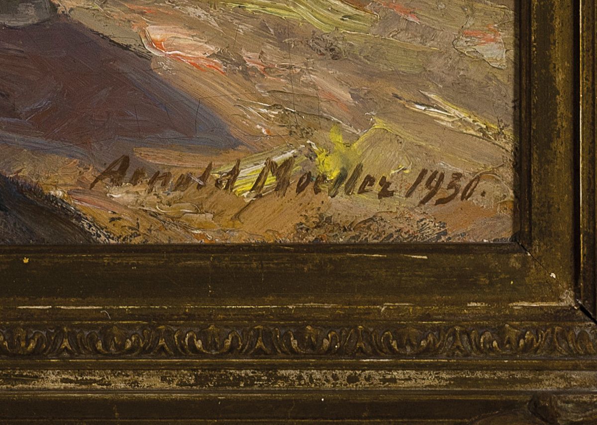 Detail a: Arnold Möller, 1886 Bückeburg-1963 Bruckmühl, Beim Pflügen, so rückseitig betitelt, pflügender Bauer in Vorgebirgs- Landschaft mit See, ...