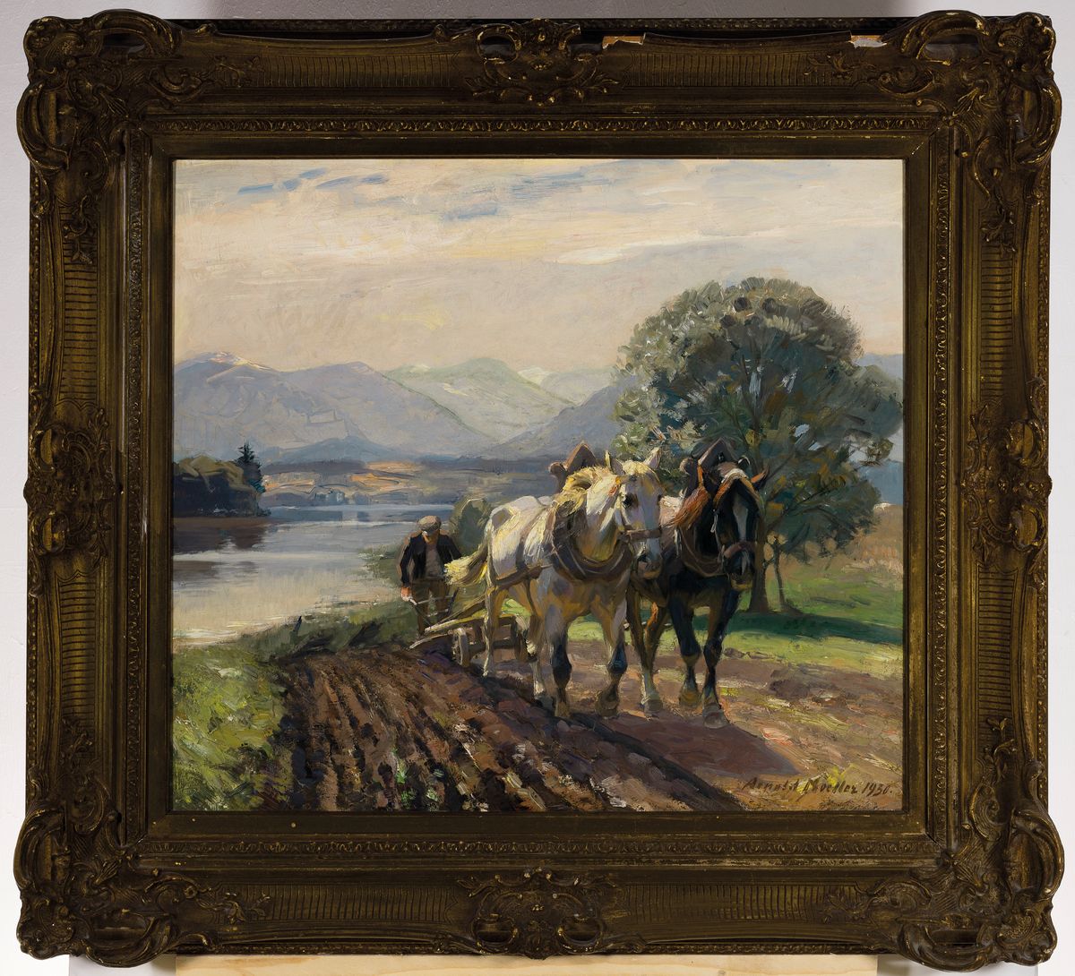 Detail k: Arnold Möller, 1886 Bückeburg-1963 Bruckmühl, Beim Pflügen, so rückseitig betitelt, pflügender Bauer in Vorgebirgs- Landschaft mit See, ...
