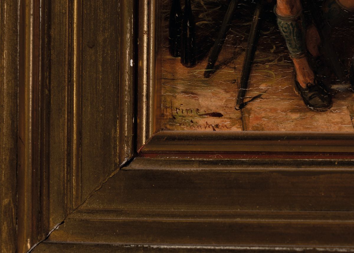Detail a: Johann Adalbert Heine, erw. um 1850, Münchener Maler, 2 Pendants: In der Gaststube, 1x Jäger mit Hund, Mönch und Wirt, 1x Jäger mit Hund, Mönch ...