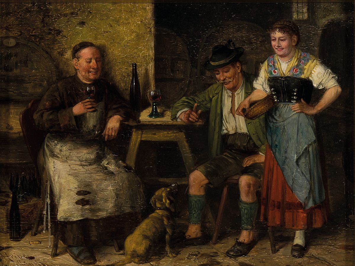 Detail b: Johann Adalbert Heine, erw. um 1850, Münchener Maler, 2 Pendants: In der Gaststube, 1x Jäger mit Hund, Mönch und Wirt, 1x Jäger mit Hund, Mönch ...