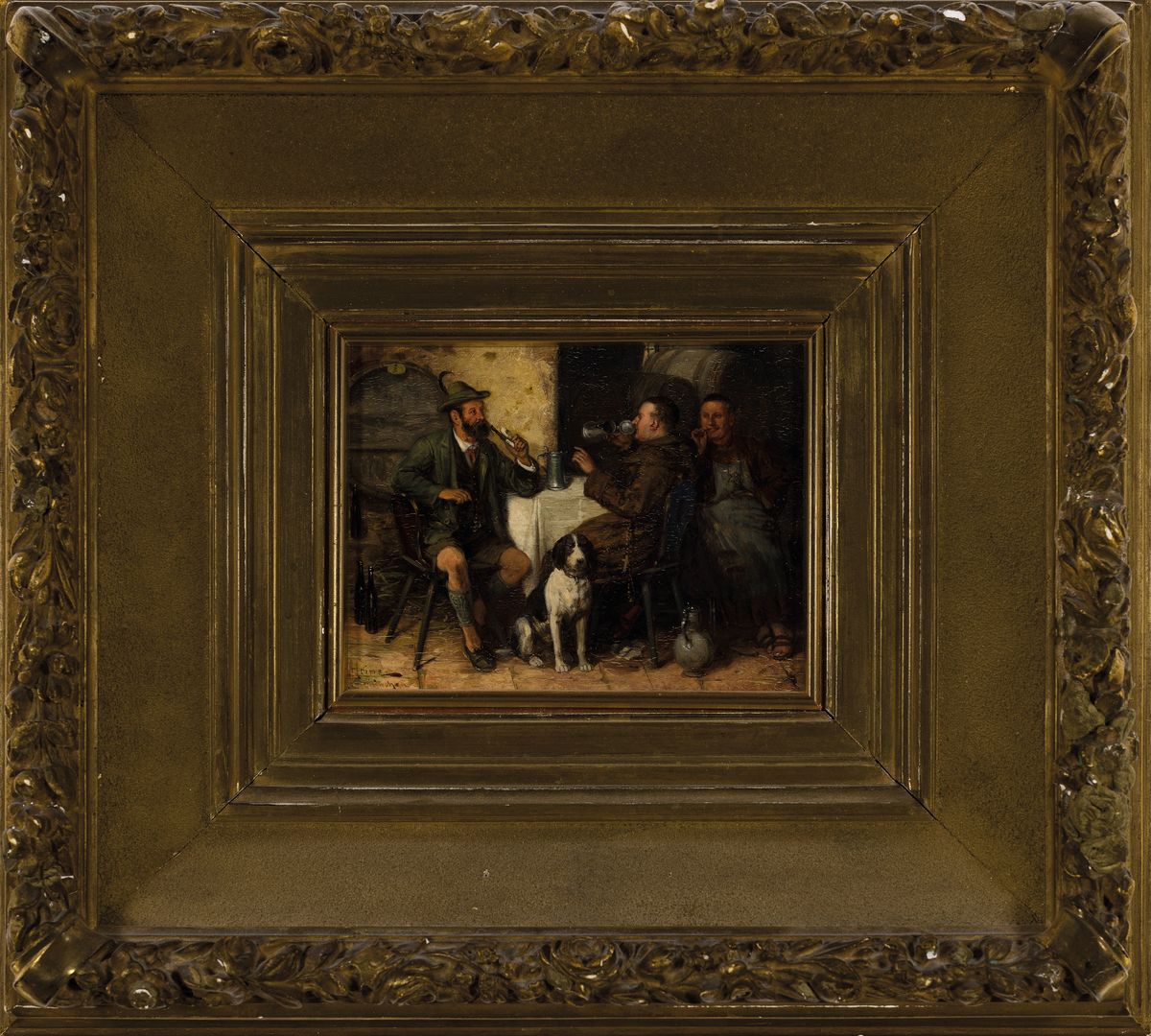 Detail k: Johann Adalbert Heine, erw. um 1850, Münchener Maler, 2 Pendants: In der Gaststube, 1x Jäger mit Hund, Mönch und Wirt, 1x Jäger mit Hund, Mönch ...