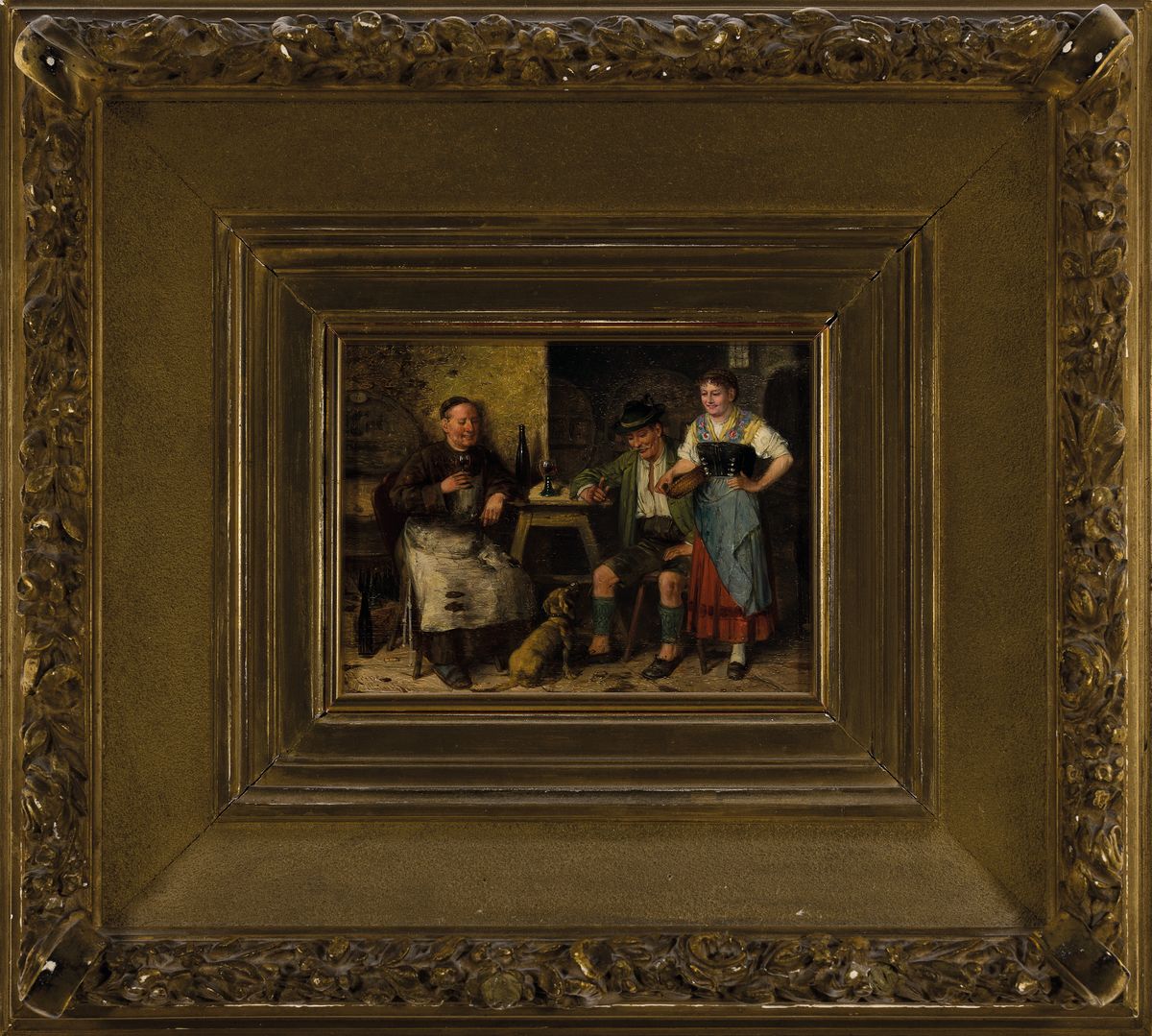 Detail m: Johann Adalbert Heine, erw. um 1850, Münchener Maler, 2 Pendants: In der Gaststube, 1x Jäger mit Hund, Mönch und Wirt, 1x Jäger mit Hund, Mönch ...