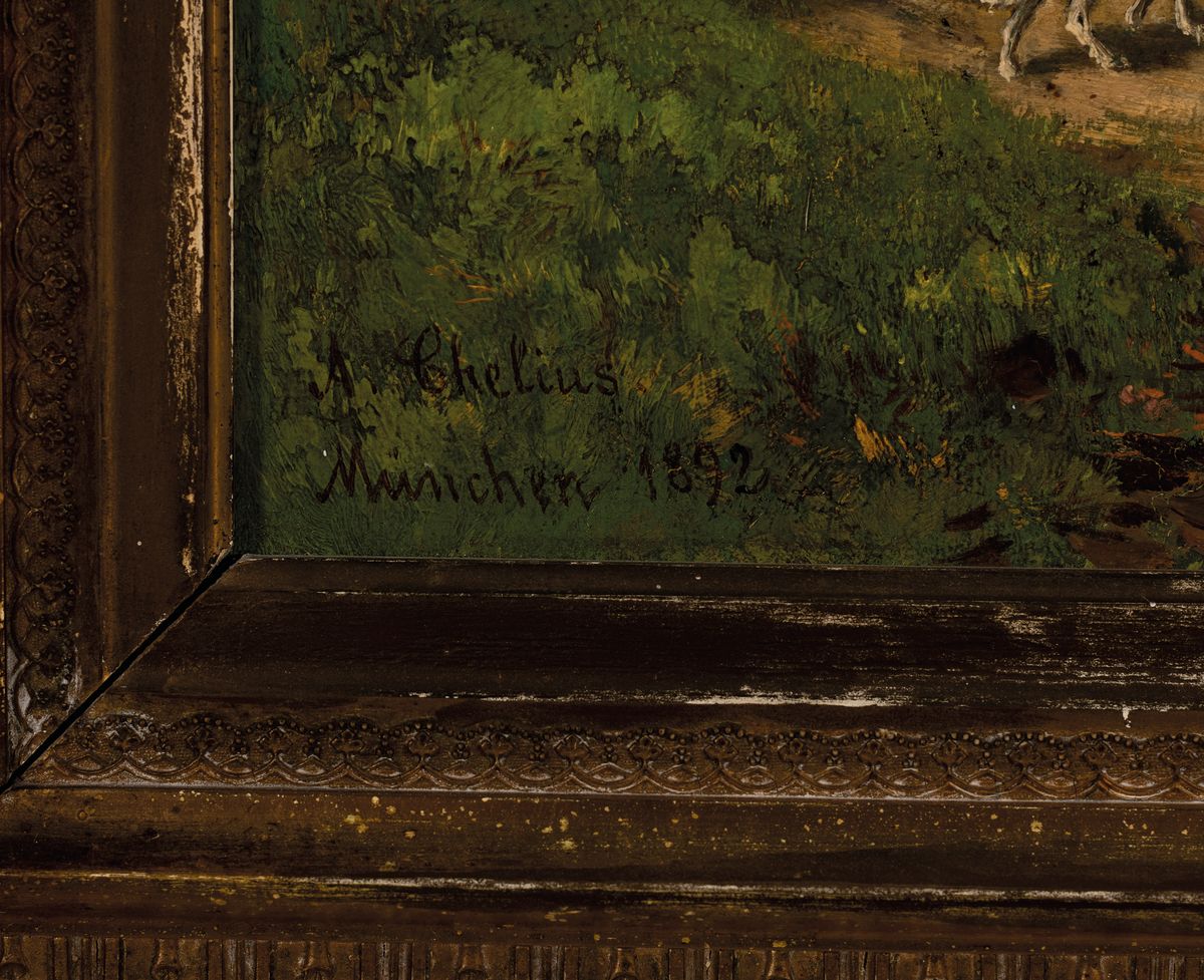 Detail a: Adolf Chelius, 1856 Frankfurt am Main-1923 München, Personen am Wegrand vor einer kleinen Marienkapelle, Öl/Lwd, links unten signiert und bez. ...
