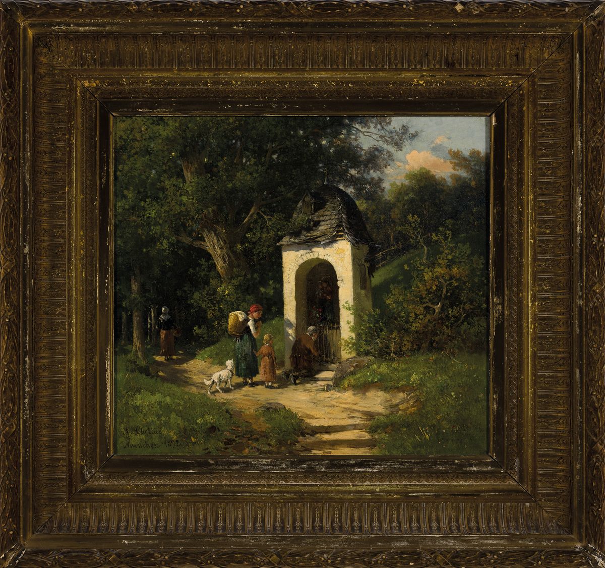 Detail k: Adolf Chelius, 1856 Frankfurt am Main-1923 München, Personen am Wegrand vor einer kleinen Marienkapelle, Öl/Lwd, links unten signiert und bez. ...
