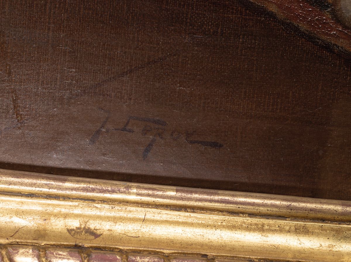 Detail a: Jules Gustave Le Roy, 1856-1921, französischer Tiermaler, hier: 4 Katzen auf einem Sessel mit zu Boden gefallenen Notenblättern und einer Gitarre ...