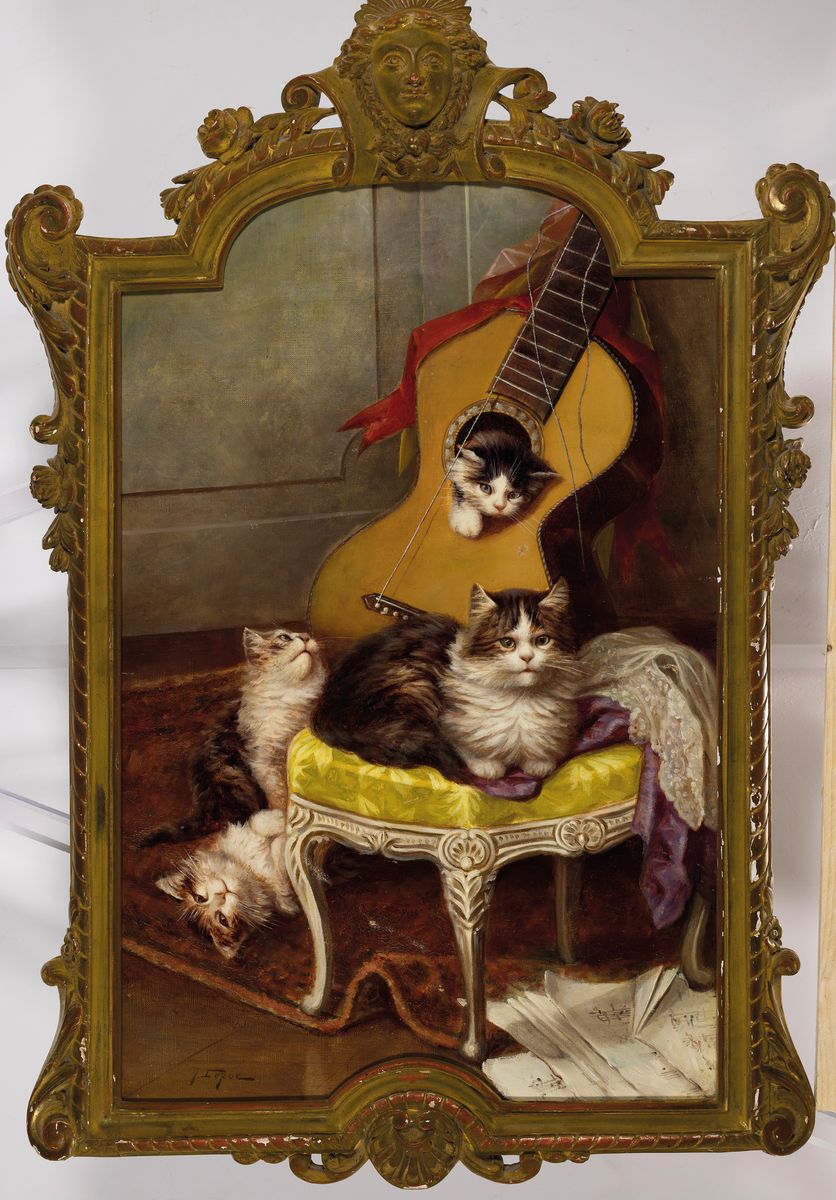 Detail k: Jules Gustave Le Roy, 1856-1921, französischer Tiermaler, hier: 4 Katzen auf einem Sessel mit zu Boden gefallenen Notenblättern und einer Gitarre ...