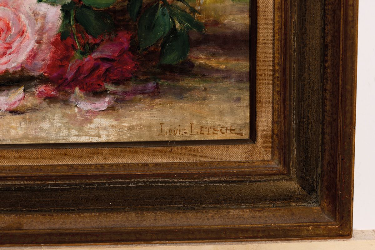 Detail a: Louis Letsch, 1856 Wolfurt-1940 Straßburg, Studium in Paris, war in Mühlhausen und ab 1920 in Straßburg tätig, hier: Rosen im Korb, links oben ...