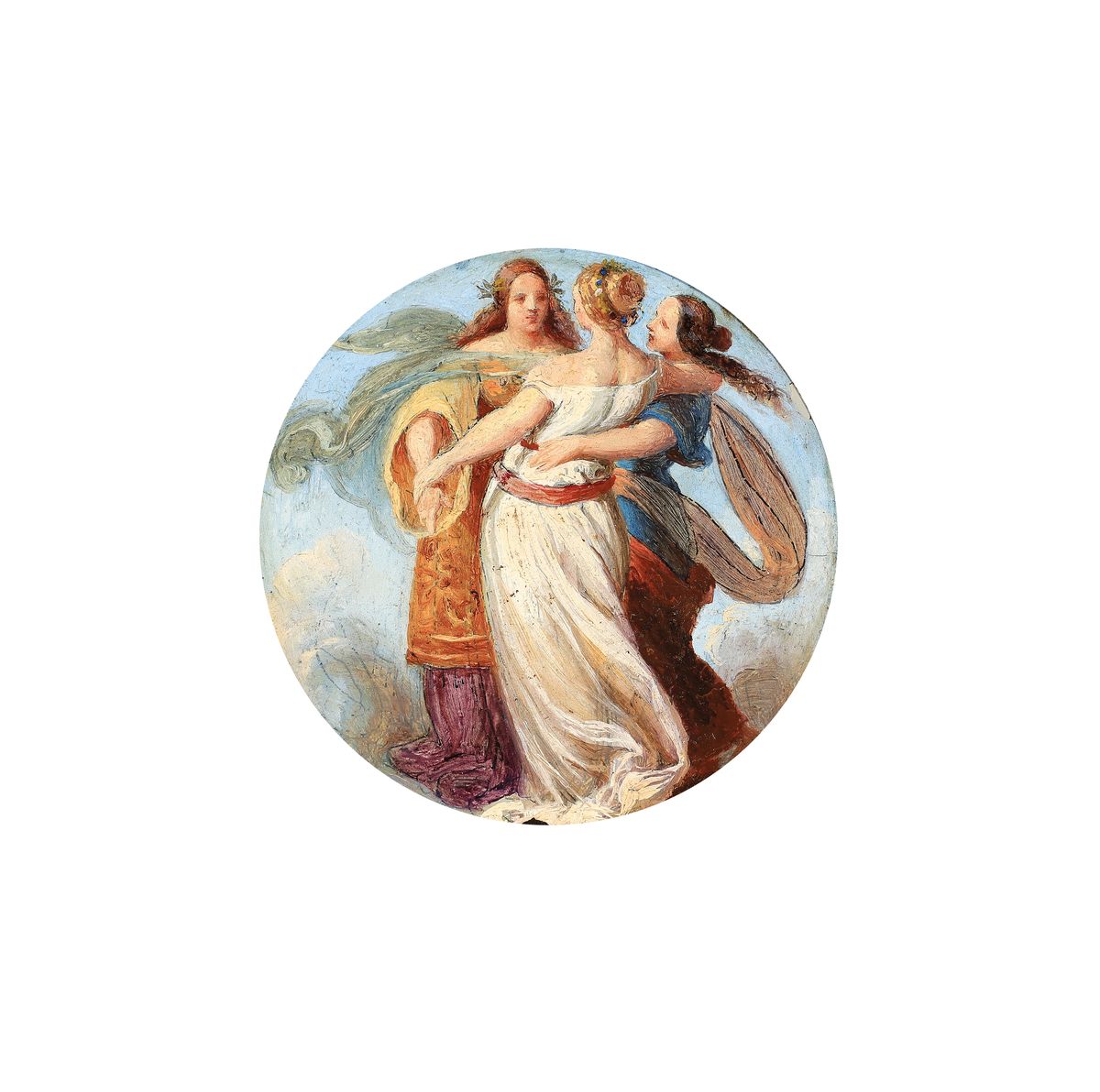Miniaturmalerei, deutsch, um 1900, die drei Grazien, Öl/Metall, unsigniert, rund, D. ca. 8cm, R. ca. 14.5x14.5cm