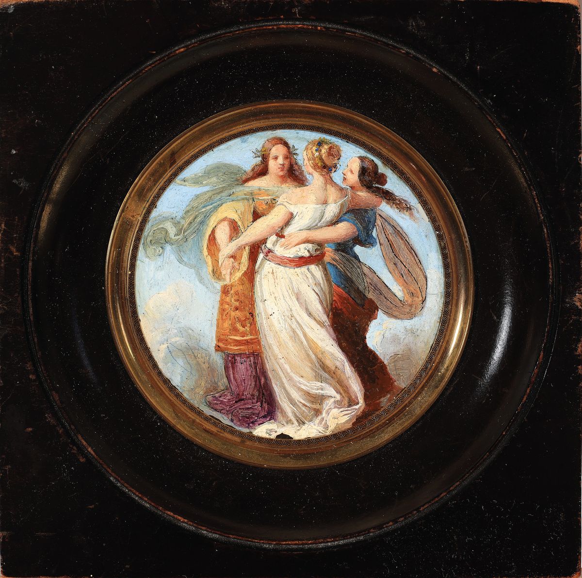 Detail k: Miniaturmalerei, deutsch, um 1900, die drei Grazien, Öl/Metall, unsigniert, rund, D. ca. 8cm, R. ca. 14.5x14.5cm