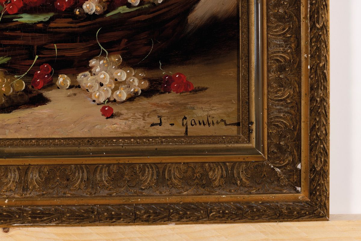 Detail a: Jules Claude Gautier, französischer Maler des 19. Jh., Stillleben mit roten und weißen Johannisbeeren in einem Korb, Öl/Holz, rechts unten ...