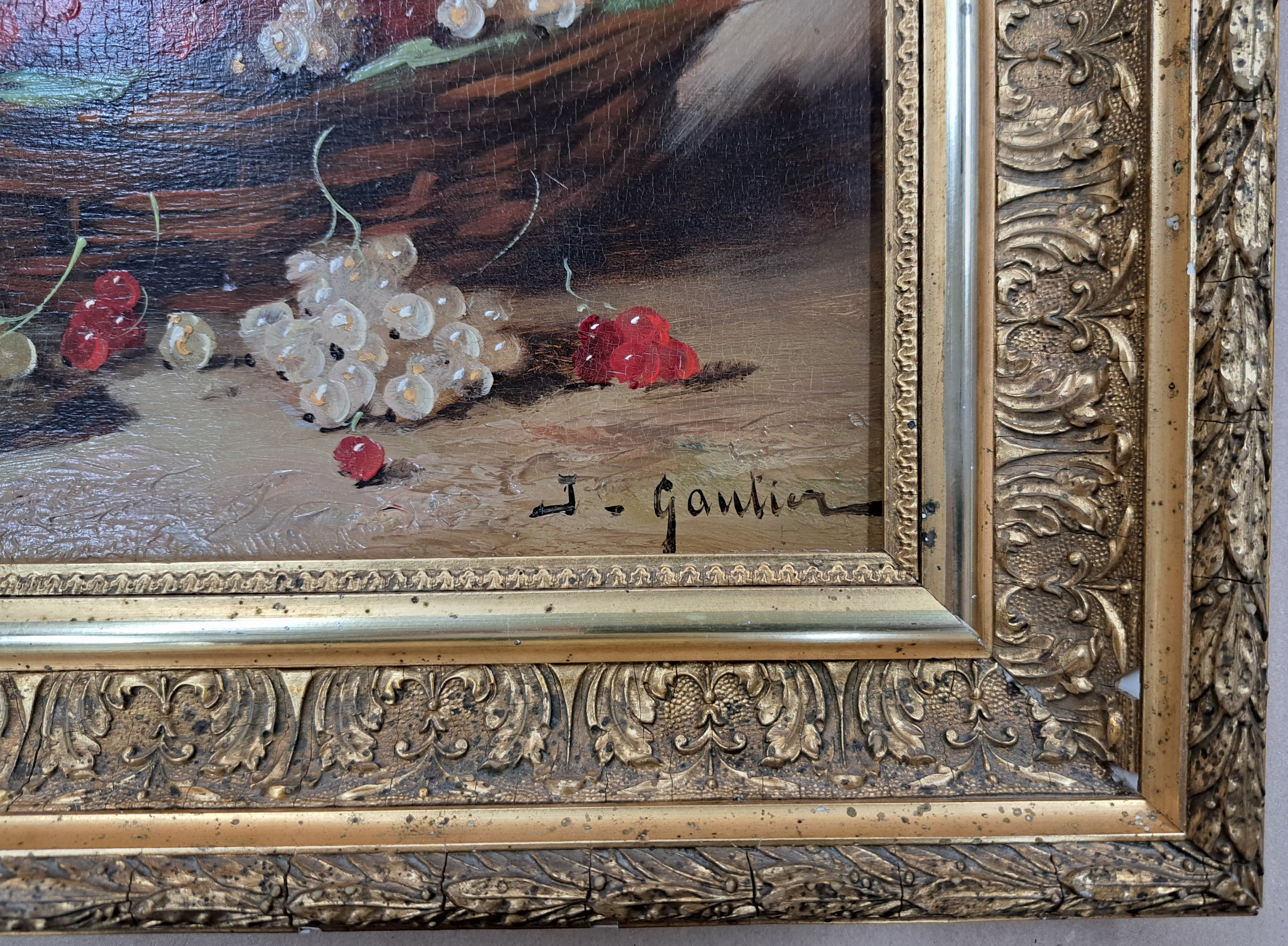 Detail c: Jules Claude Gautier, französischer Maler des 19. Jh., Stillleben mit roten und weißen Johannisbeeren in einem Korb, Öl/Holz, rechts unten ...