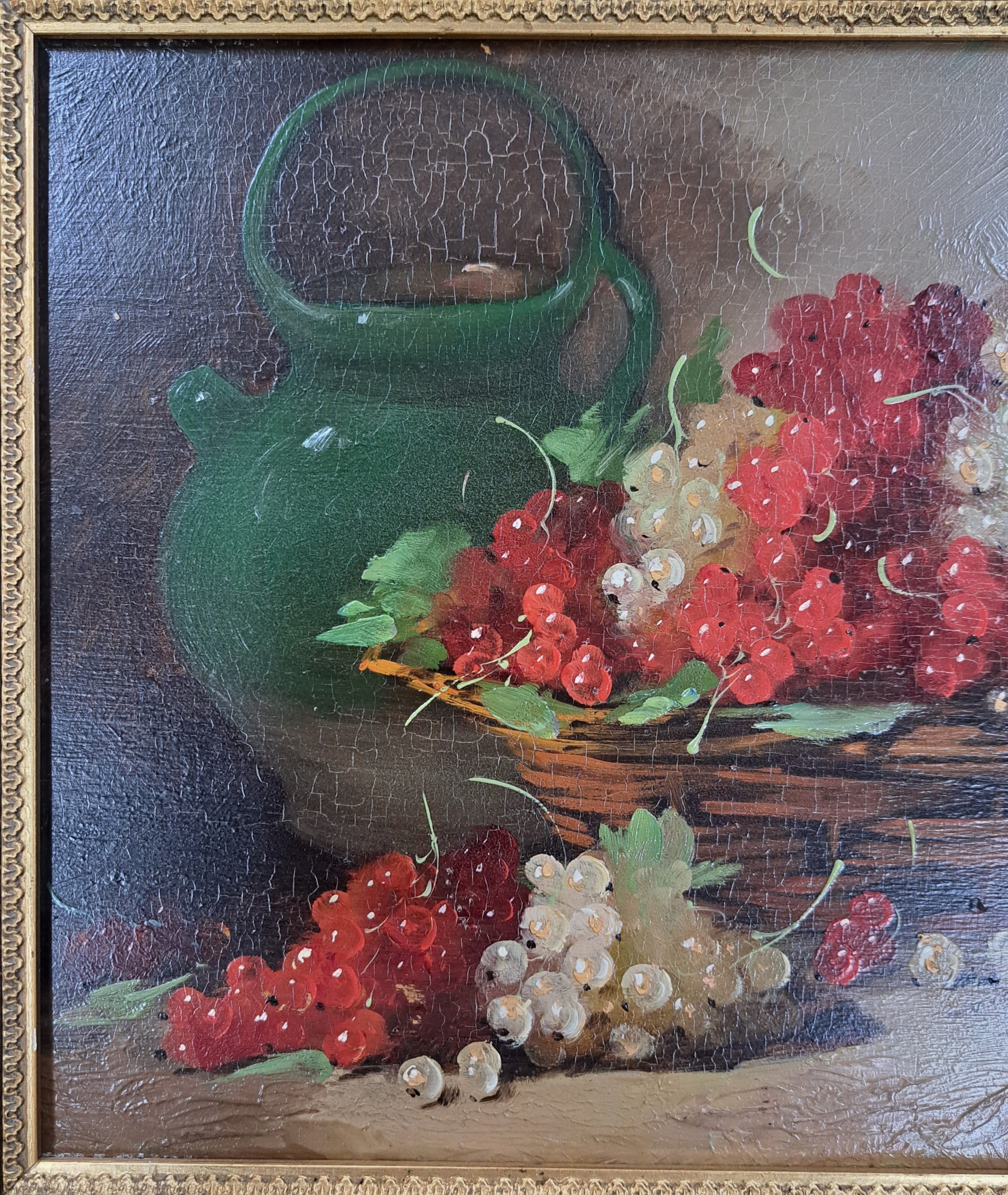 Detail d: Jules Claude Gautier, französischer Maler des 19. Jh., Stillleben mit roten und weißen Johannisbeeren in einem Korb, Öl/Holz, rechts unten ...