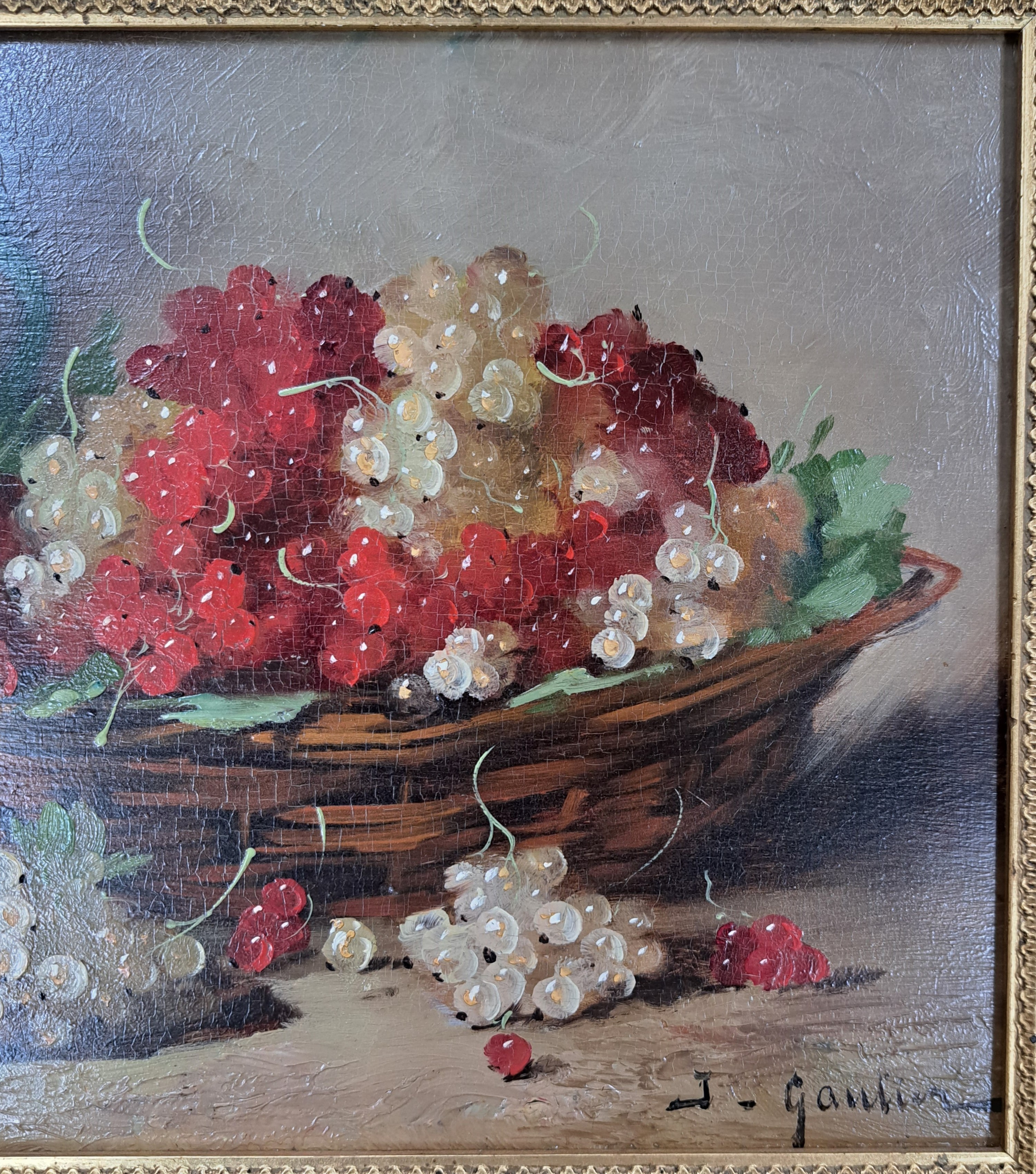 Detail e: Jules Claude Gautier, französischer Maler des 19. Jh., Stillleben mit roten und weißen Johannisbeeren in einem Korb, Öl/Holz, rechts unten ...