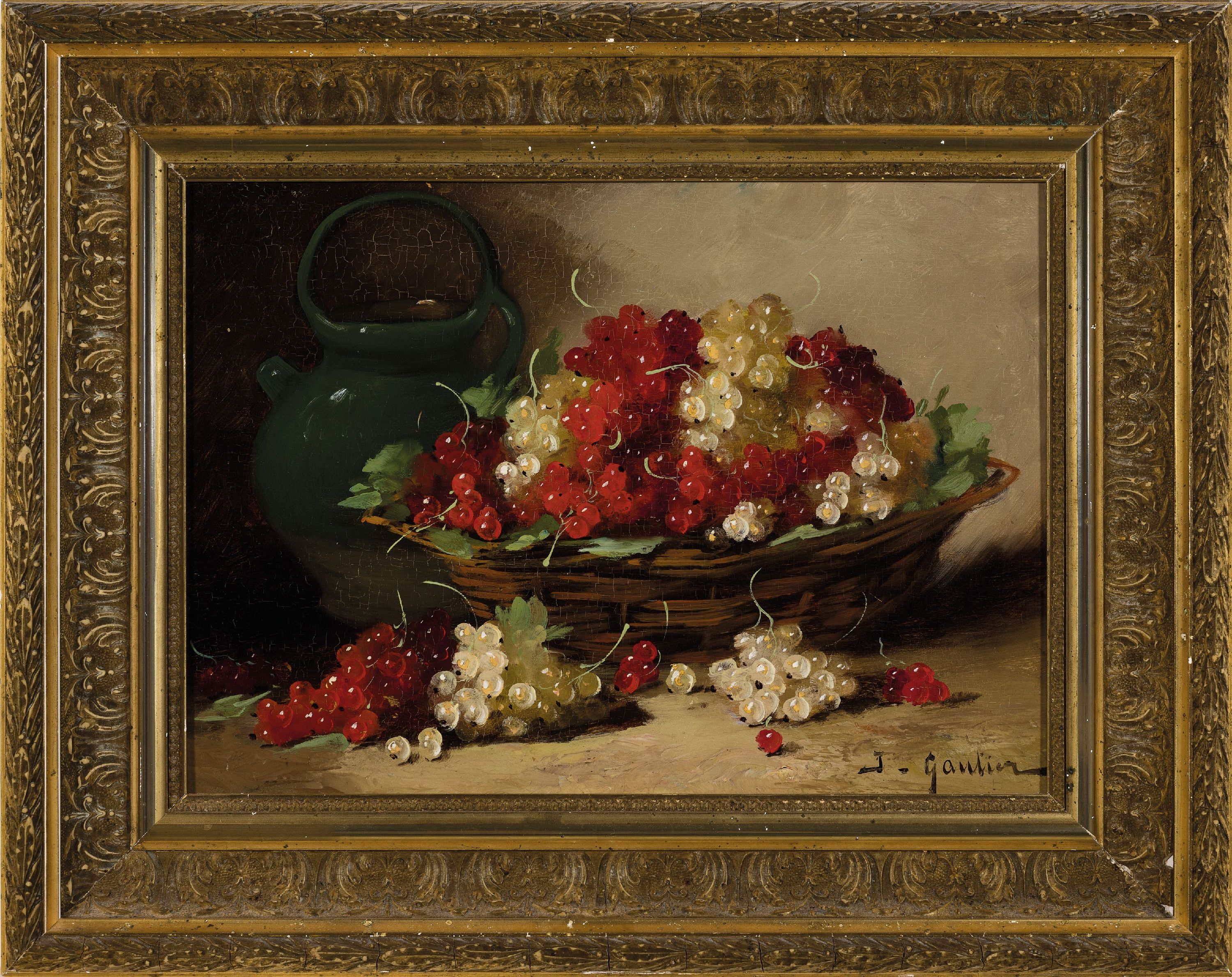 Detail k: Jules Claude Gautier, französischer Maler des 19. Jh., Stillleben mit roten und weißen Johannisbeeren in einem Korb, Öl/Holz, rechts unten ...