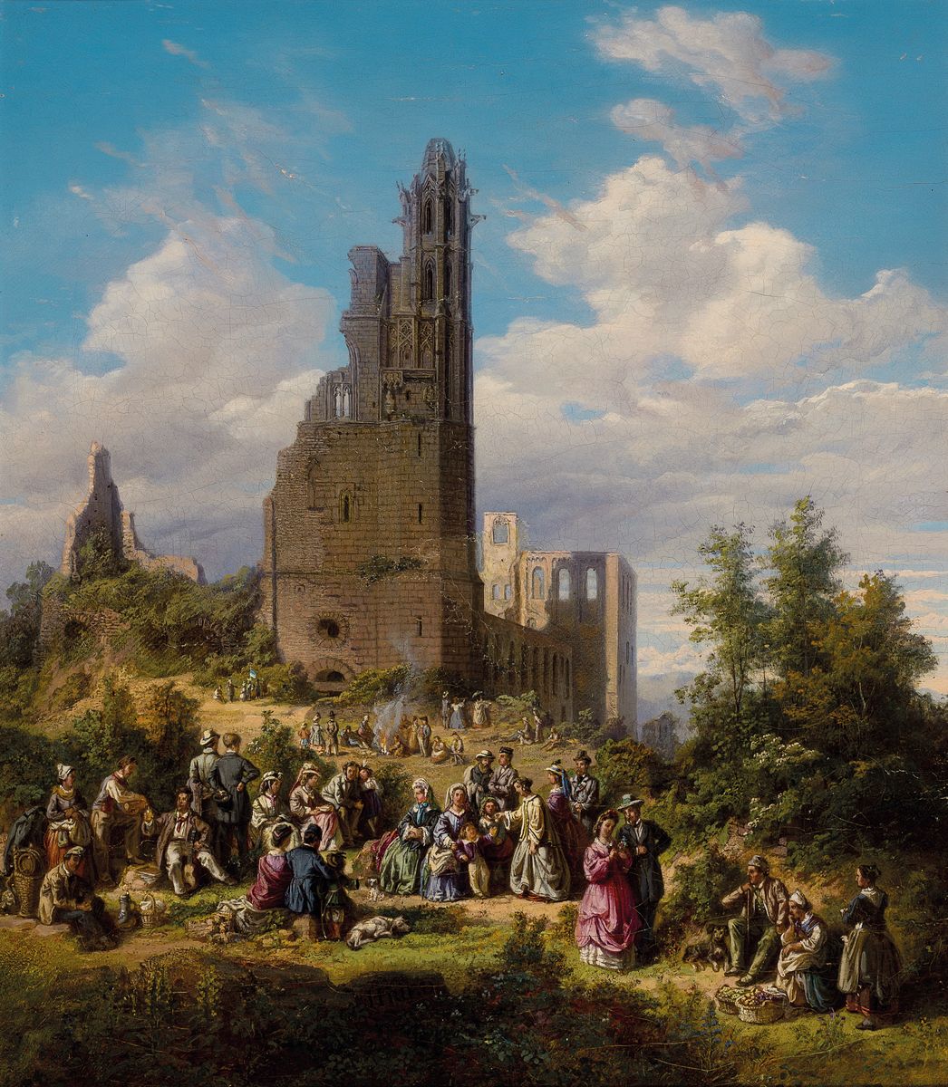 Heinrich Jakob Fried, 1802 Queichheim-1870 München, vielfigurige Picknickgesellschaft vor einer Burgruine, Öl/Lwd, rest., doubliert, verso altes ...