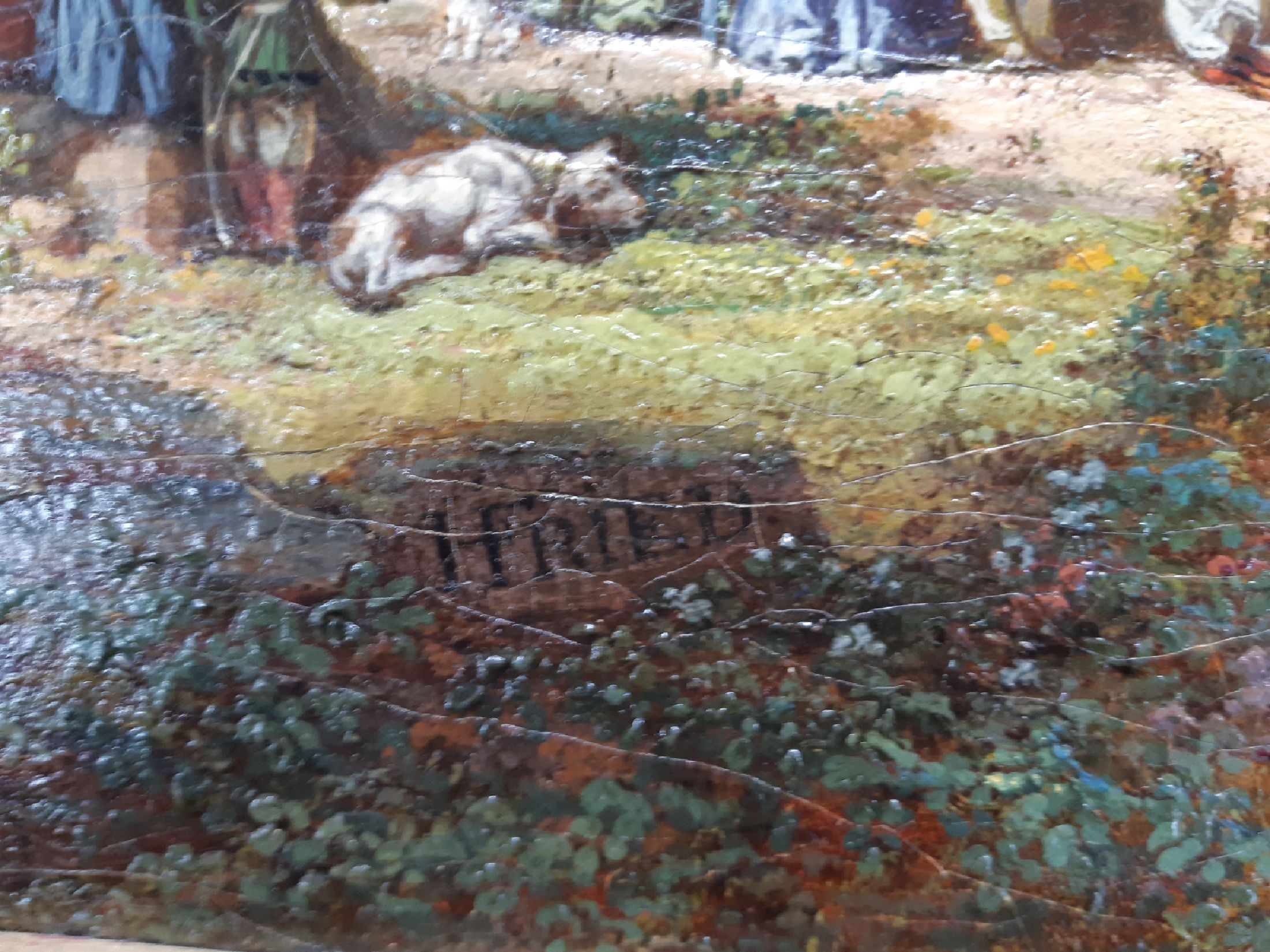 Detail a: Heinrich Jakob Fried, 1802 Queichheim-1870 München, vielfigurige Picknickgesellschaft vor einer Burgruine, Öl/Lwd, rest., doubliert, verso altes ...