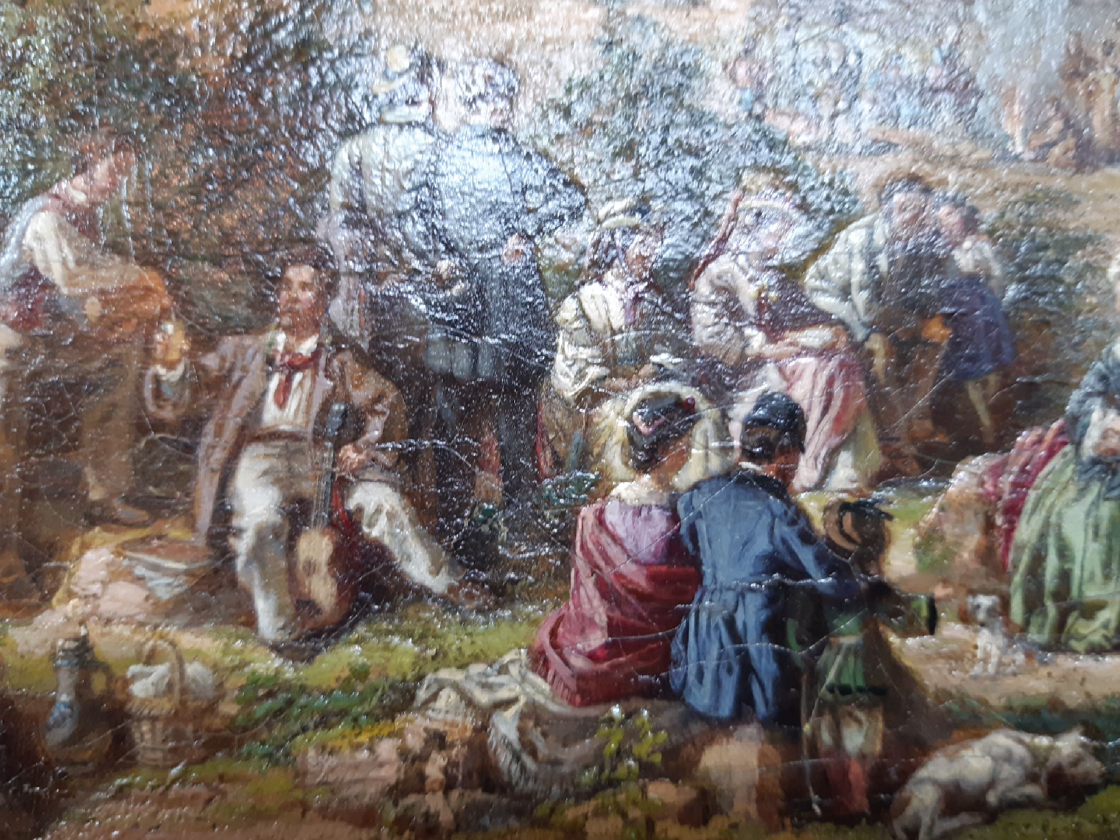 Detail b: Heinrich Jakob Fried, 1802 Queichheim-1870 München, vielfigurige Picknickgesellschaft vor einer Burgruine, Öl/Lwd, rest., doubliert, verso altes ...