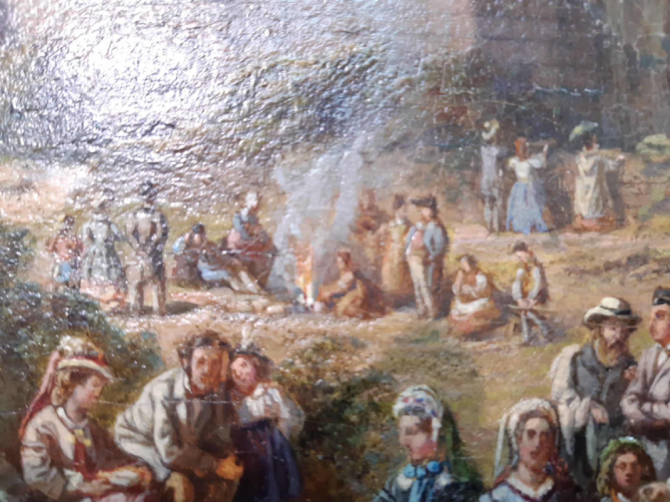 Detail c: Heinrich Jakob Fried, 1802 Queichheim-1870 München, vielfigurige Picknickgesellschaft vor einer Burgruine, Öl/Lwd, rest., doubliert, verso altes ...