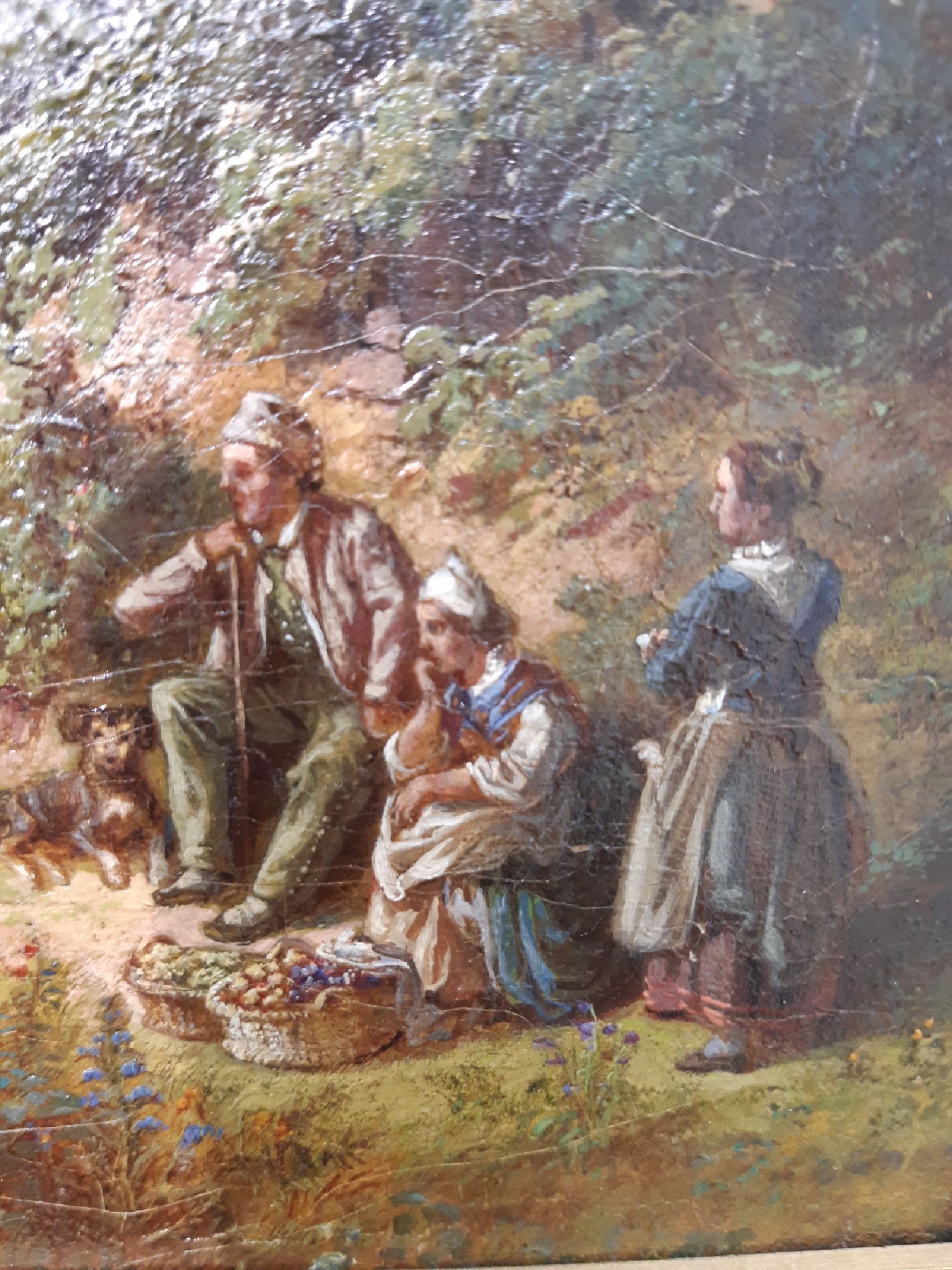 Detail d: Heinrich Jakob Fried, 1802 Queichheim-1870 München, vielfigurige Picknickgesellschaft vor einer Burgruine, Öl/Lwd, rest., doubliert, verso altes ...
