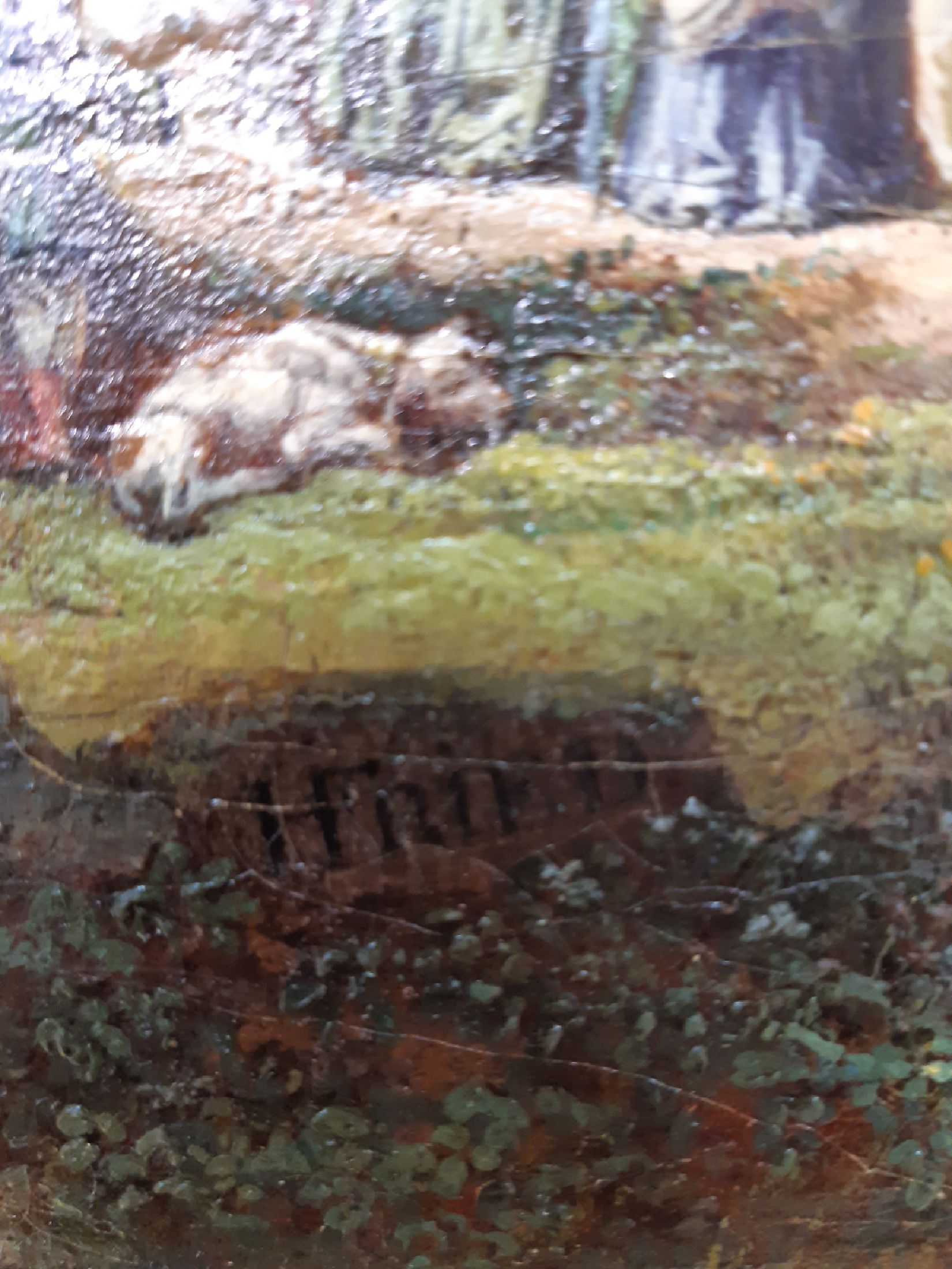 Detail e: Heinrich Jakob Fried, 1802 Queichheim-1870 München, vielfigurige Picknickgesellschaft vor einer Burgruine, Öl/Lwd, rest., doubliert, verso altes ...