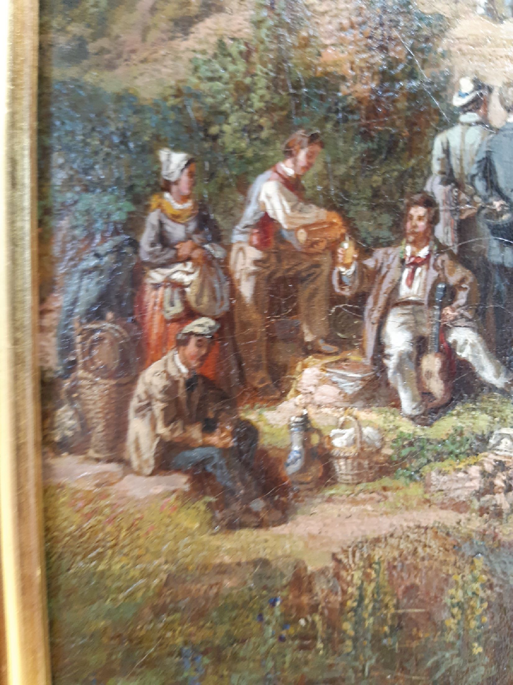 Detail g: Heinrich Jakob Fried, 1802 Queichheim-1870 München, vielfigurige Picknickgesellschaft vor einer Burgruine, Öl/Lwd, rest., doubliert, verso altes ...