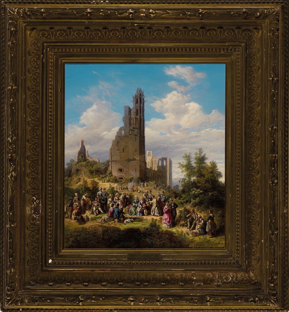 Detail k: Heinrich Jakob Fried, 1802 Queichheim-1870 München, vielfigurige Picknickgesellschaft vor einer Burgruine, Öl/Lwd, rest., doubliert, verso altes ...