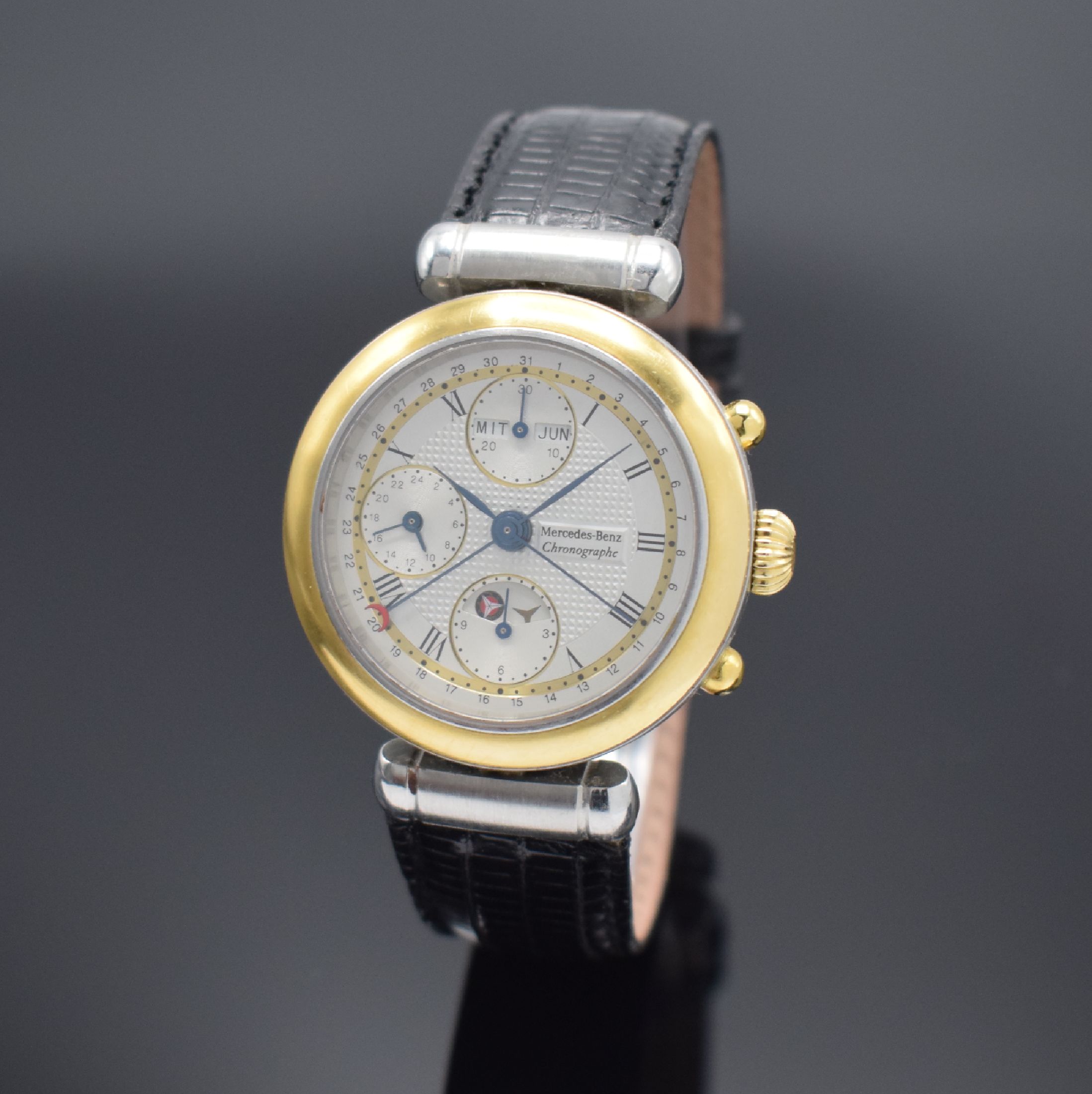 MERCEDES BENZ Armbandchronograph, Automatik, Schweiz um 1998, sat. Edelstahl/Gold kombiniert, neutr. Lederband m. Faltschl., beids. vergl., ...