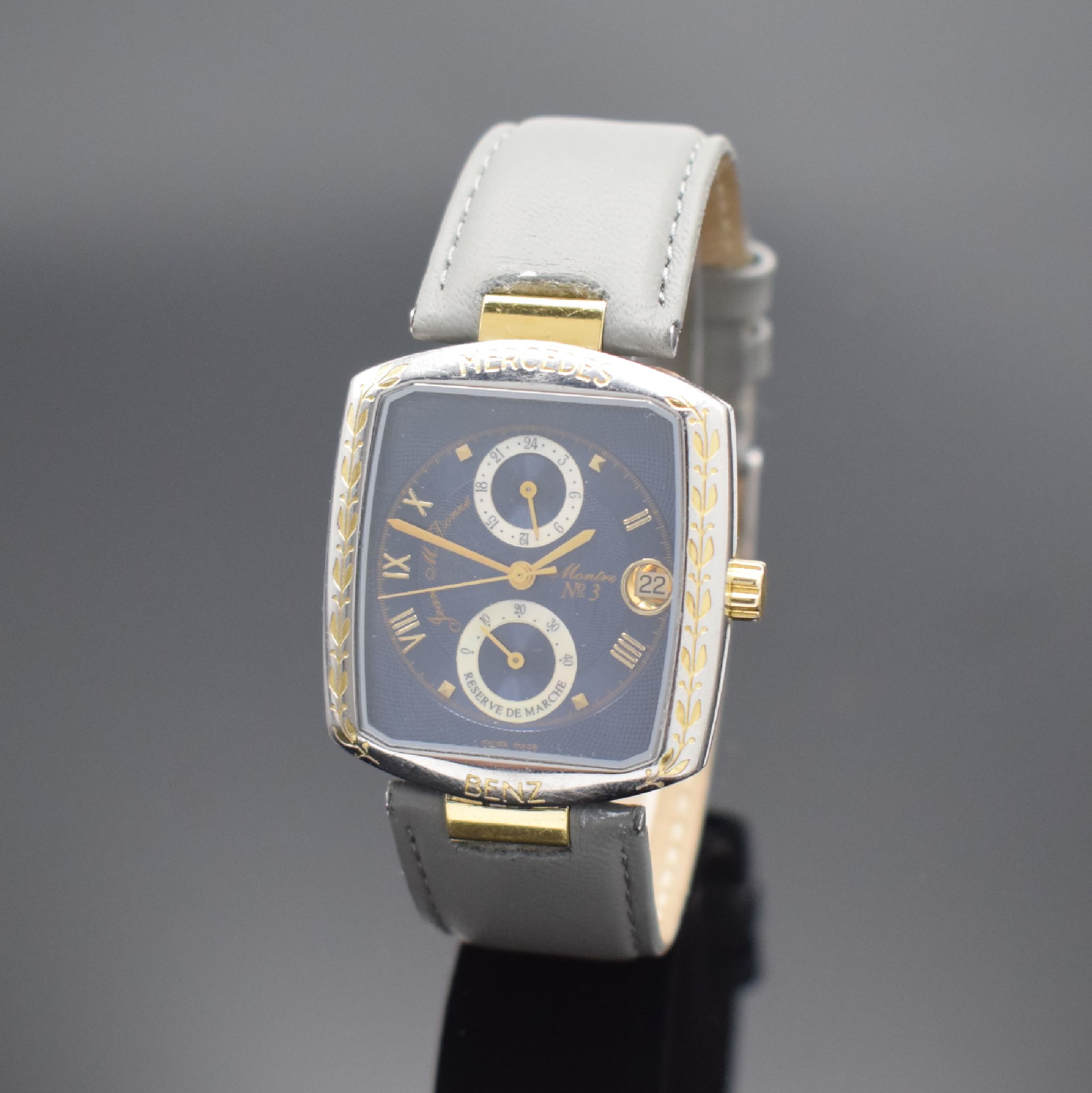 MERCEDES BENZ / Jean Maurice Donzé Armbanduhr Montre Classic No 3 World Timer, Automatik, Schweiz 1990er Jahre, Edelstahlgeh. beids. vergl., Boden ...