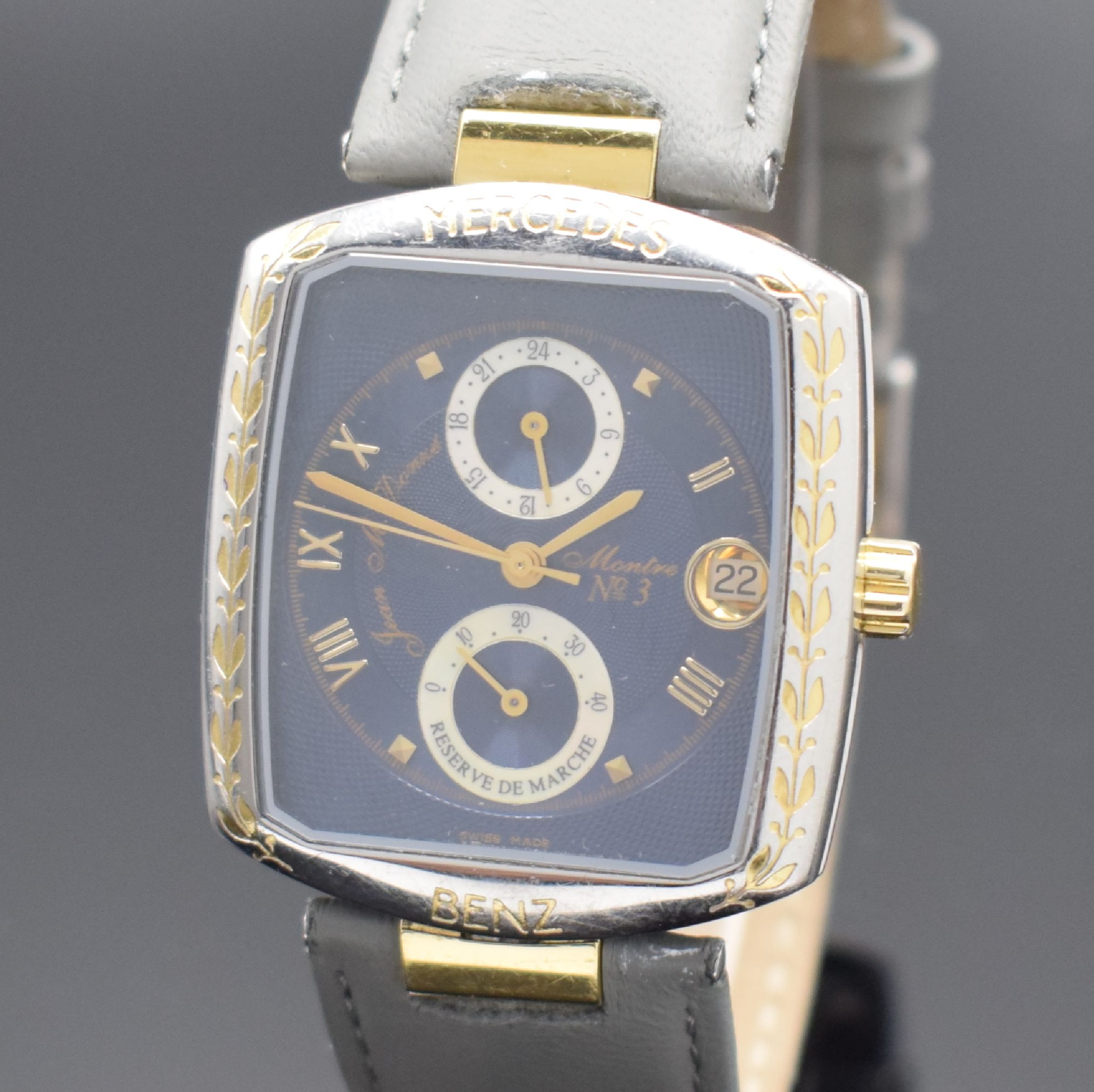Detail a: MERCEDES BENZ / Jean Maurice Donzé Armbanduhr Montre Classic No 3 World Timer, Automatik, Schweiz 1990er Jahre, Edelstahlgeh. beids. vergl., Boden ...