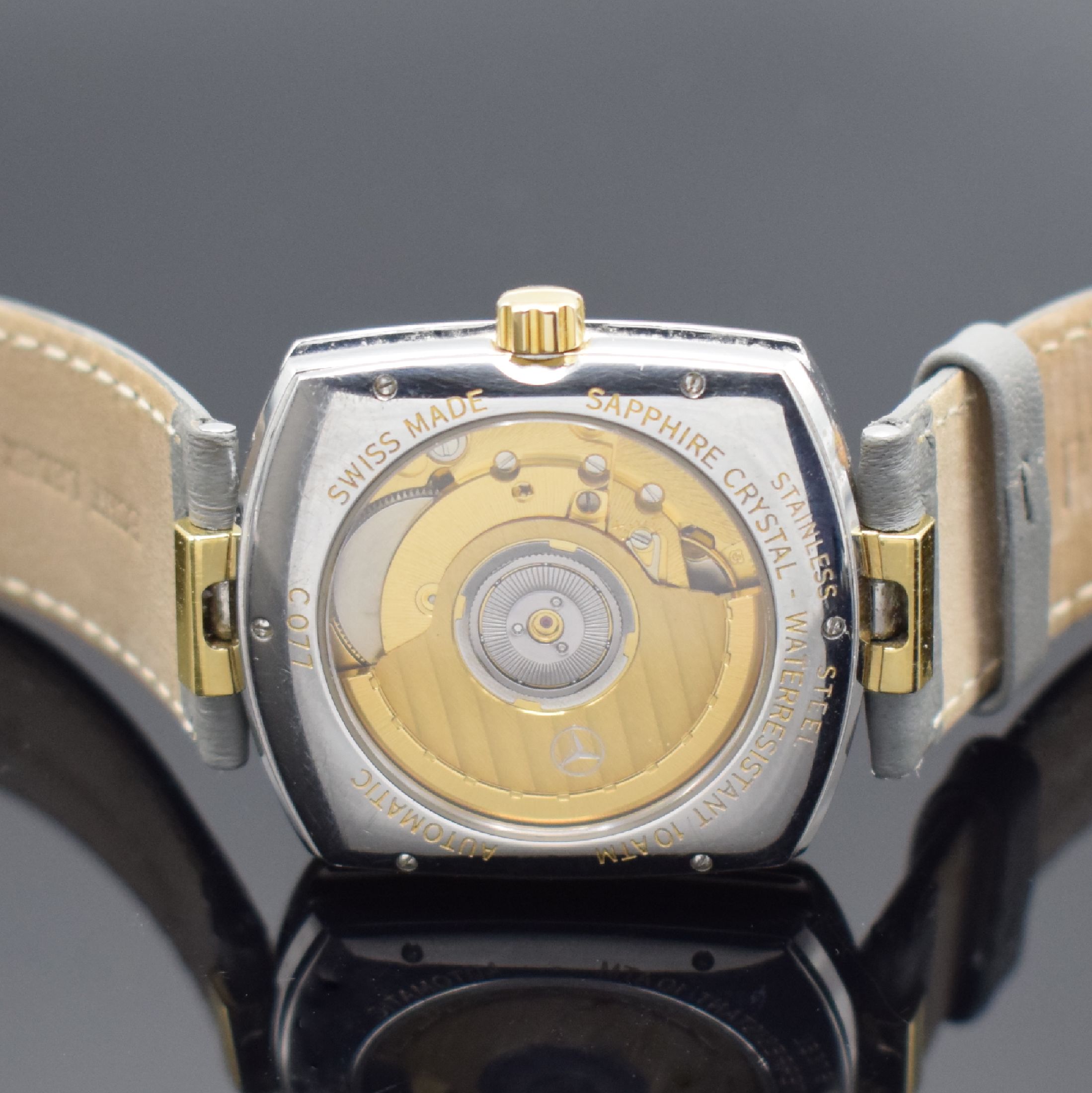 Detail c: MERCEDES BENZ / Jean Maurice Donzé Armbanduhr Montre Classic No 3 World Timer, Automatik, Schweiz 1990er Jahre, Edelstahlgeh. beids. vergl., Boden ...