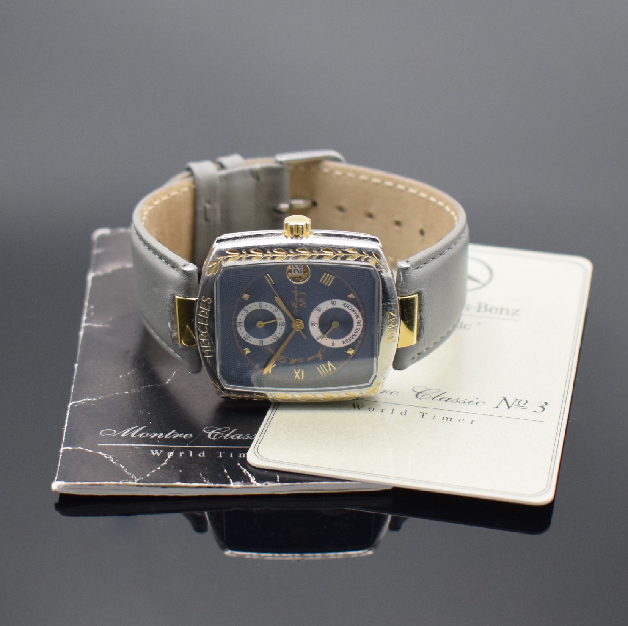 Detail e: MERCEDES BENZ / Jean Maurice Donzé Armbanduhr Montre Classic No 3 World Timer, Automatik, Schweiz 1990er Jahre, Edelstahlgeh. beids. vergl., Boden ...