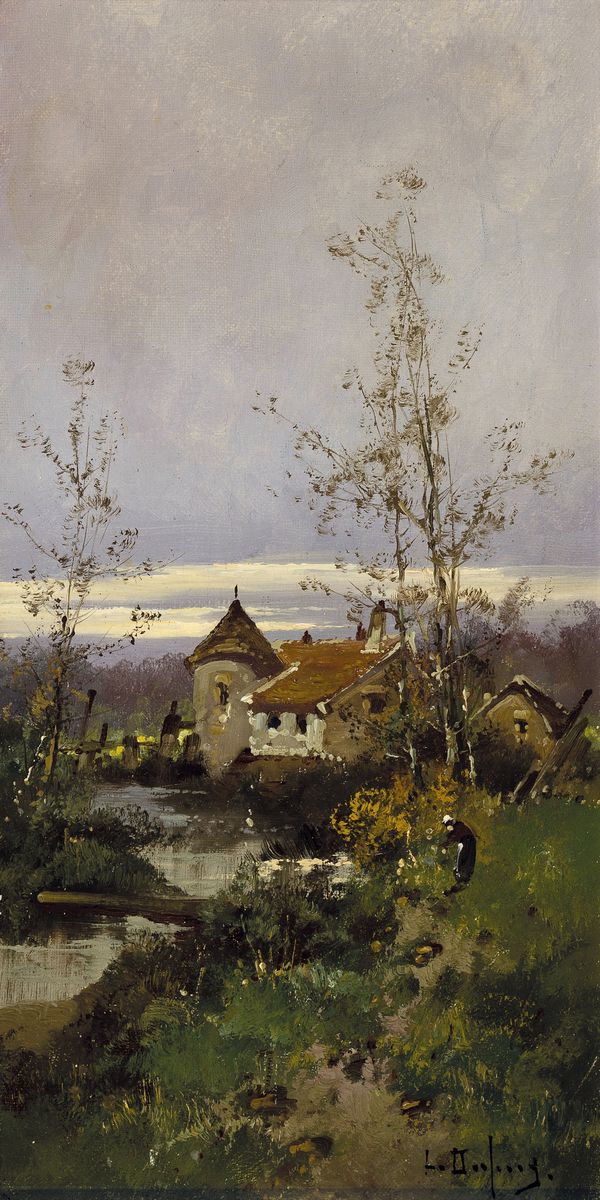 L(ouis) Dupuy, Pseudonym des Eugène Galien- Laloue, 1854 Paris-1941 Chérencé, 2 Pendants mit sommerlichen Landschaften, Bäuerin auf Wiese am ...