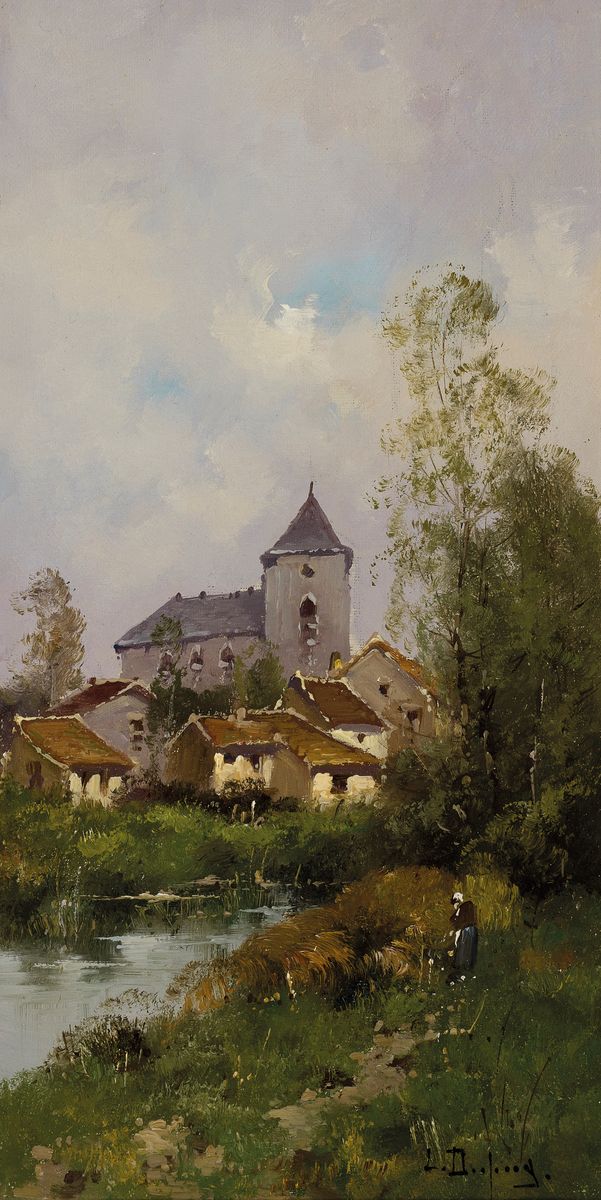Detail a: L(ouis) Dupuy, Pseudonym des Eugène Galien- Laloue, 1854 Paris-1941 Chérencé, 2 Pendants mit sommerlichen Landschaften, Bäuerin auf Wiese am ...