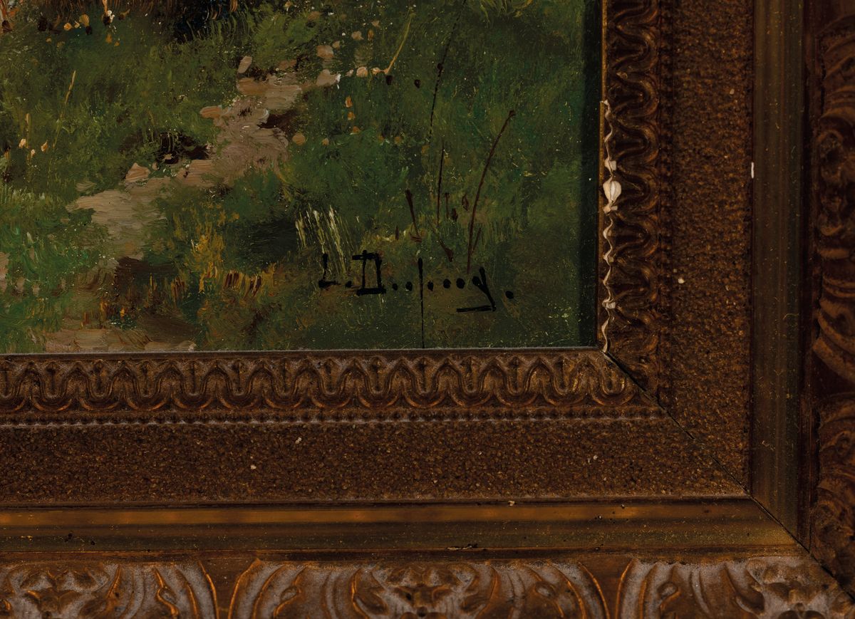 Detail b: L(ouis) Dupuy, Pseudonym des Eugène Galien- Laloue, 1854 Paris-1941 Chérencé, 2 Pendants mit sommerlichen Landschaften, Bäuerin auf Wiese am ...