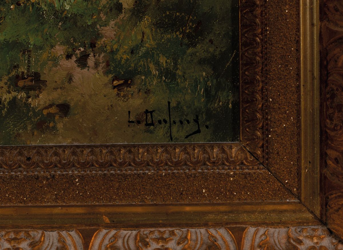 Detail c: L(ouis) Dupuy, Pseudonym des Eugène Galien- Laloue, 1854 Paris-1941 Chérencé, 2 Pendants mit sommerlichen Landschaften, Bäuerin auf Wiese am ...