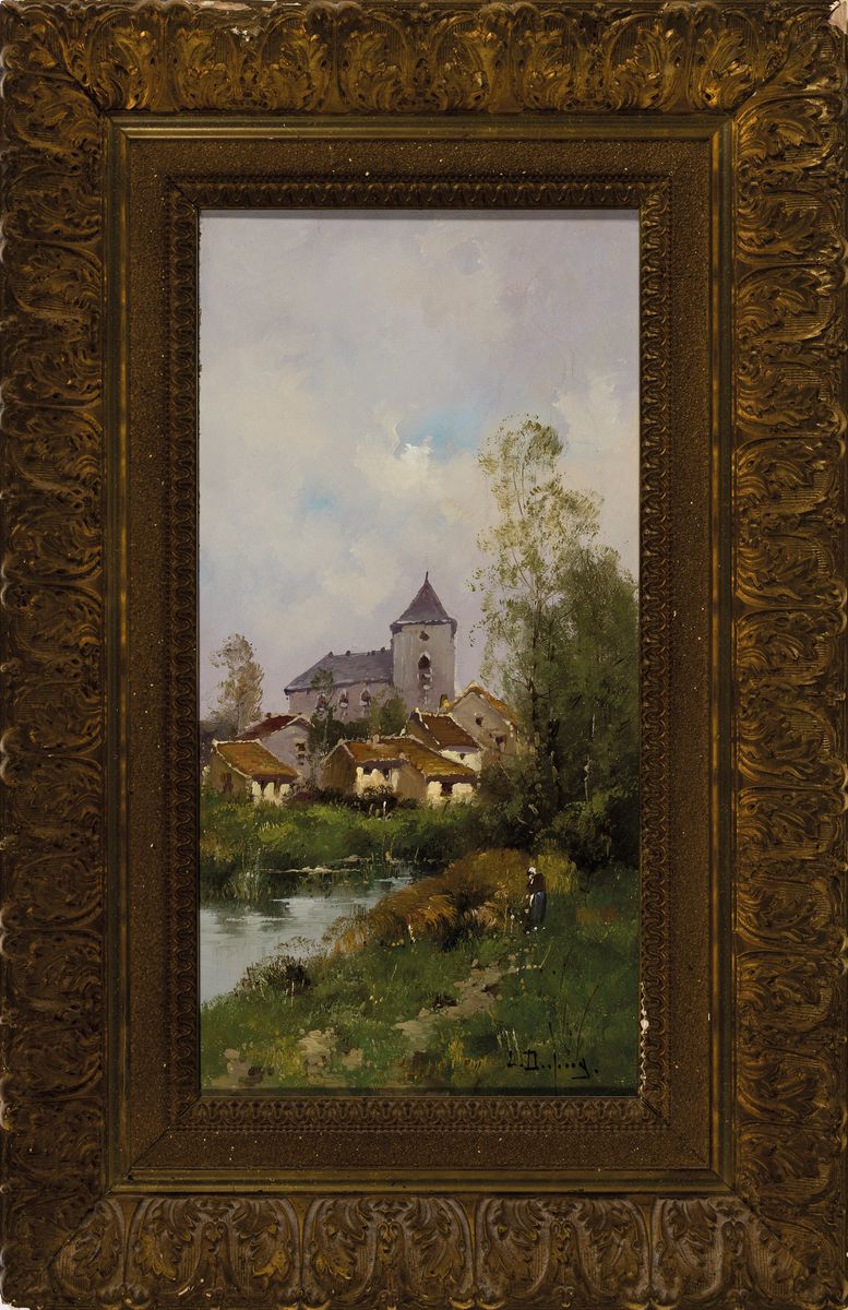 Detail l: L(ouis) Dupuy, Pseudonym des Eugène Galien- Laloue, 1854 Paris-1941 Chérencé, 2 Pendants mit sommerlichen Landschaften, Bäuerin auf Wiese am ...
