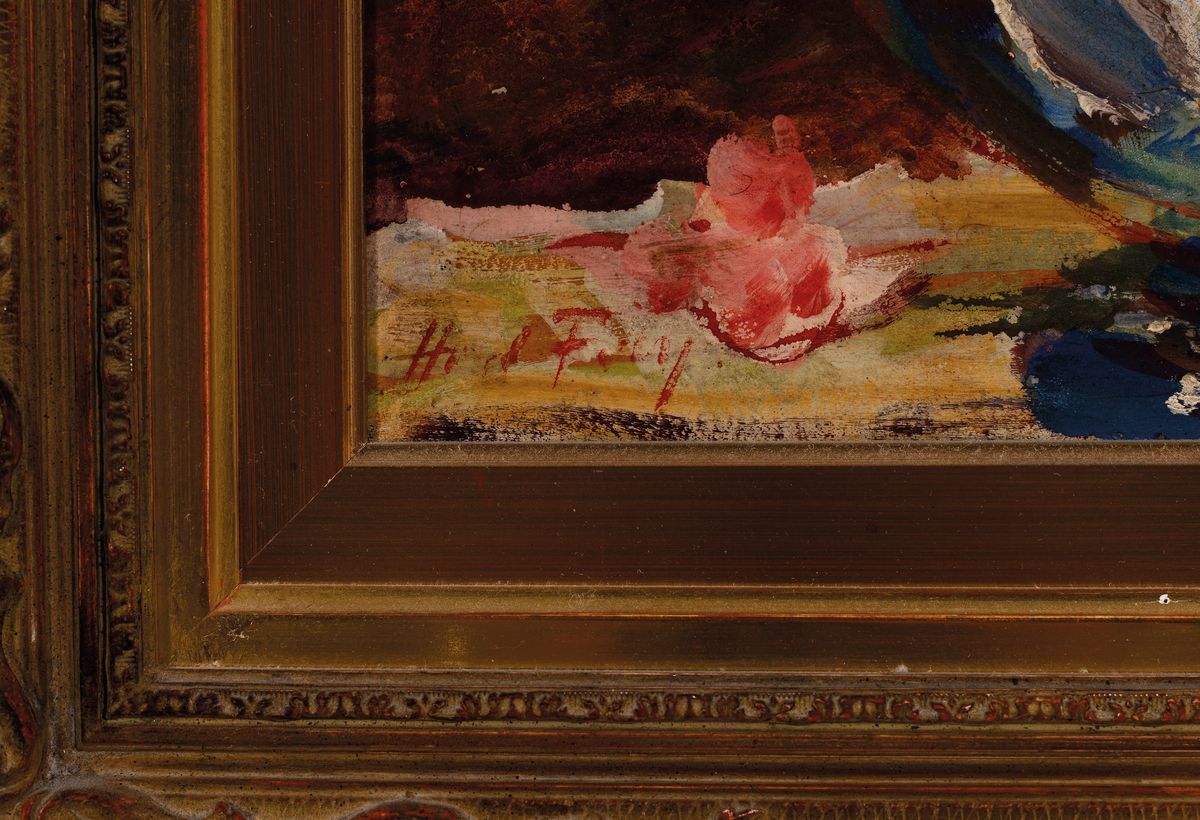 Detail a: Hanns Fay, 1888 Frankenthal-1957 Neustadt a.d. Weinstraße, Blumenstillleben, Öl/Hartfaser, links unten signiert, rückseitig mit Widmung von 1942, ...