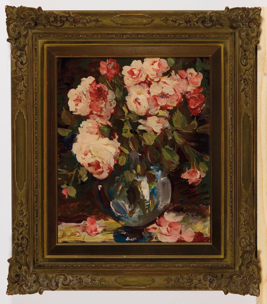 Detail k: Hanns Fay, 1888 Frankenthal-1957 Neustadt a.d. Weinstraße, Blumenstillleben, Öl/Hartfaser, links unten signiert, rückseitig mit Widmung von 1942, ...