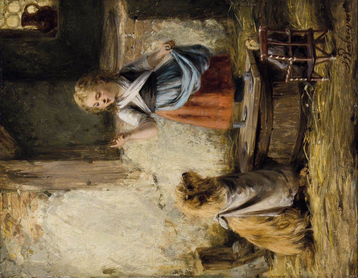 Jan Walraven, 1827 Amsterdam-1863, 2 Pendants: Mädchen beim Füttern der Tauben, bzw. Mädchen einen Hund belehrend, beide Öl/Holz, beide signiert, ...