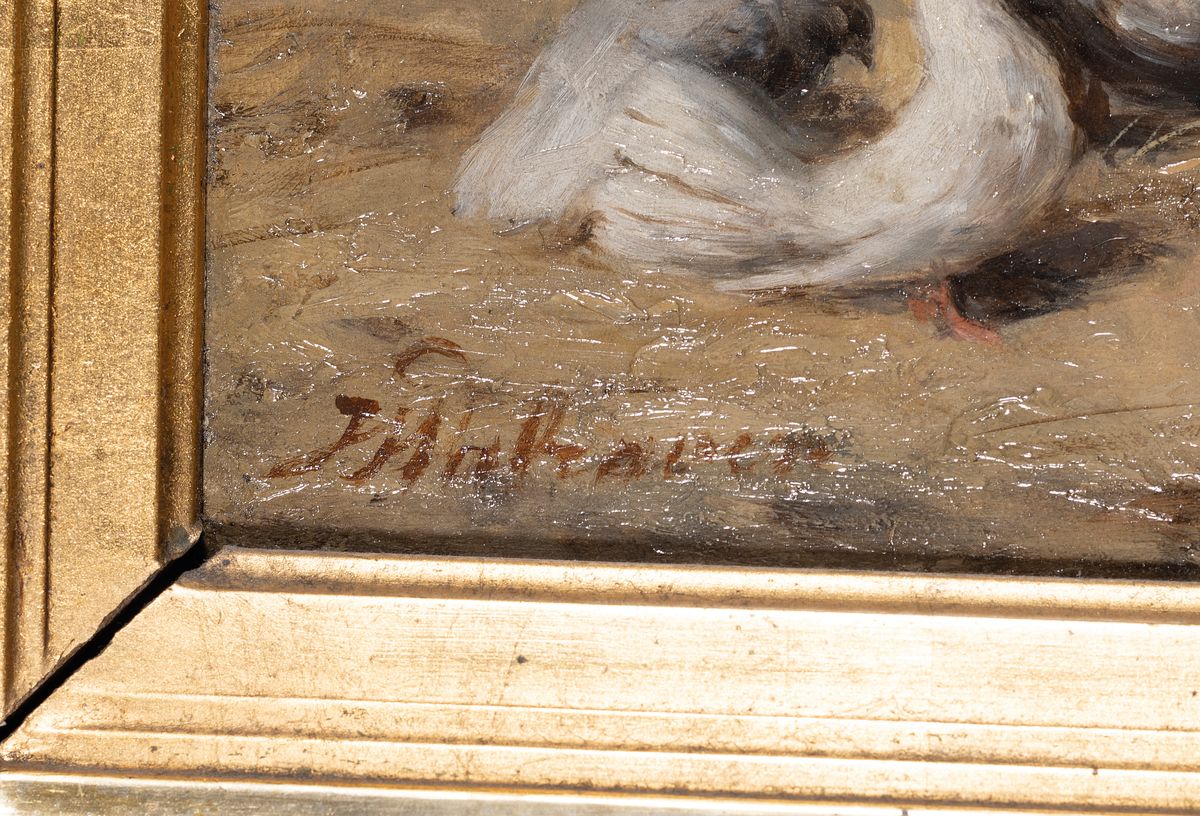 Detail a: Jan Walraven, 1827 Amsterdam-1863, 2 Pendants: Mädchen beim Füttern der Tauben, bzw. Mädchen einen Hund belehrend, beide Öl/Holz, beide signiert, ...