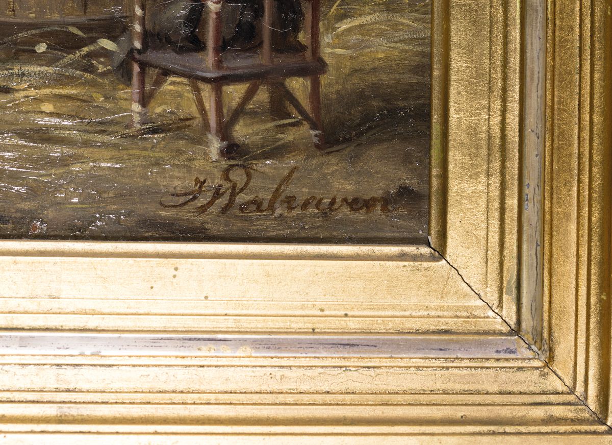 Detail b: Jan Walraven, 1827 Amsterdam-1863, 2 Pendants: Mädchen beim Füttern der Tauben, bzw. Mädchen einen Hund belehrend, beide Öl/Holz, beide signiert, ...