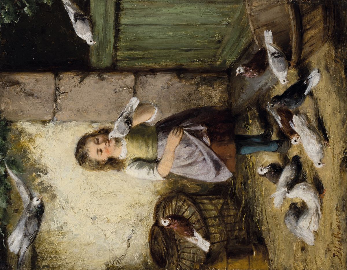 Detail c: Jan Walraven, 1827 Amsterdam-1863, 2 Pendants: Mädchen beim Füttern der Tauben, bzw. Mädchen einen Hund belehrend, beide Öl/Holz, beide signiert, ...