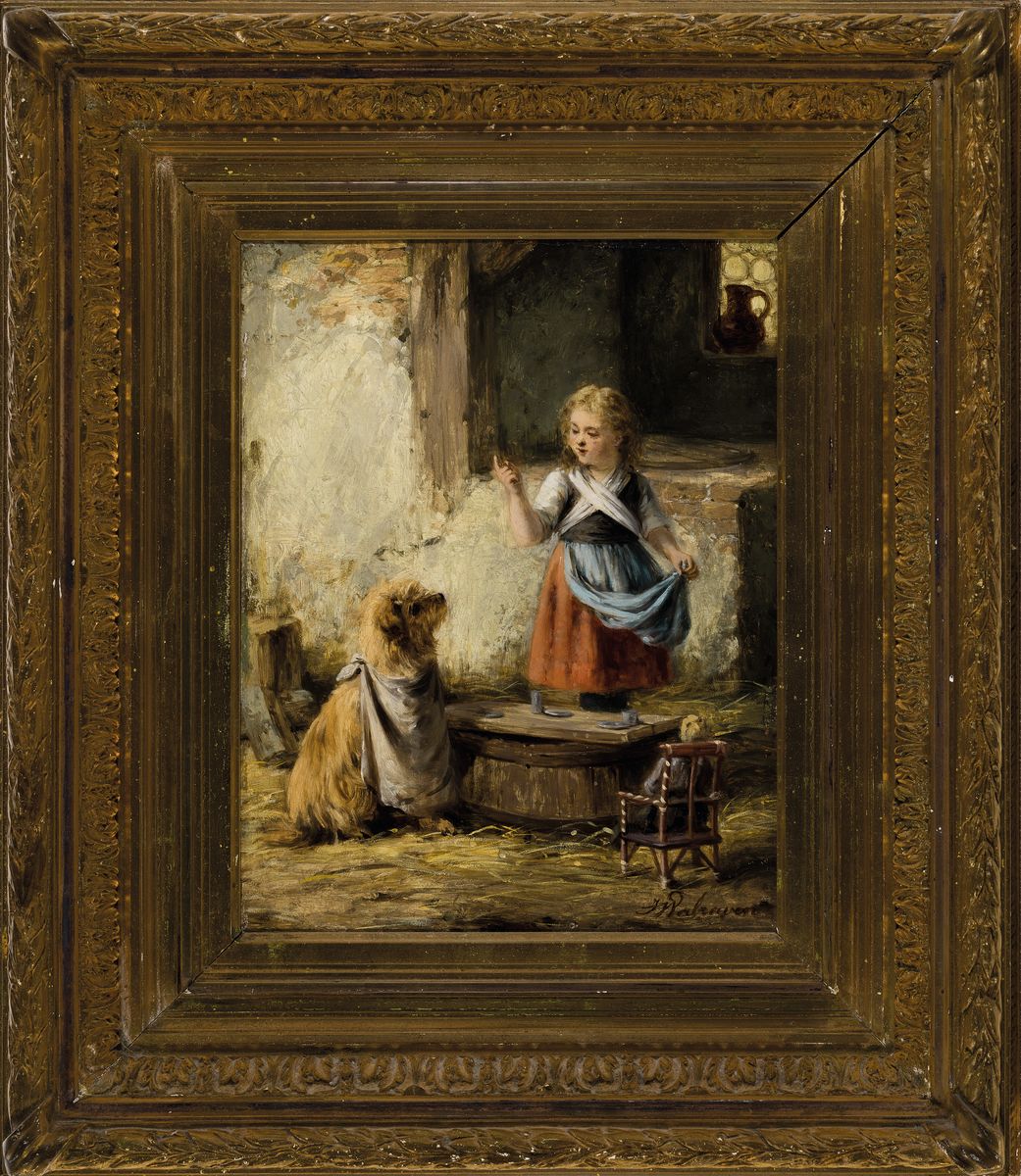 Detail k: Jan Walraven, 1827 Amsterdam-1863, 2 Pendants: Mädchen beim Füttern der Tauben, bzw. Mädchen einen Hund belehrend, beide Öl/Holz, beide signiert, ...