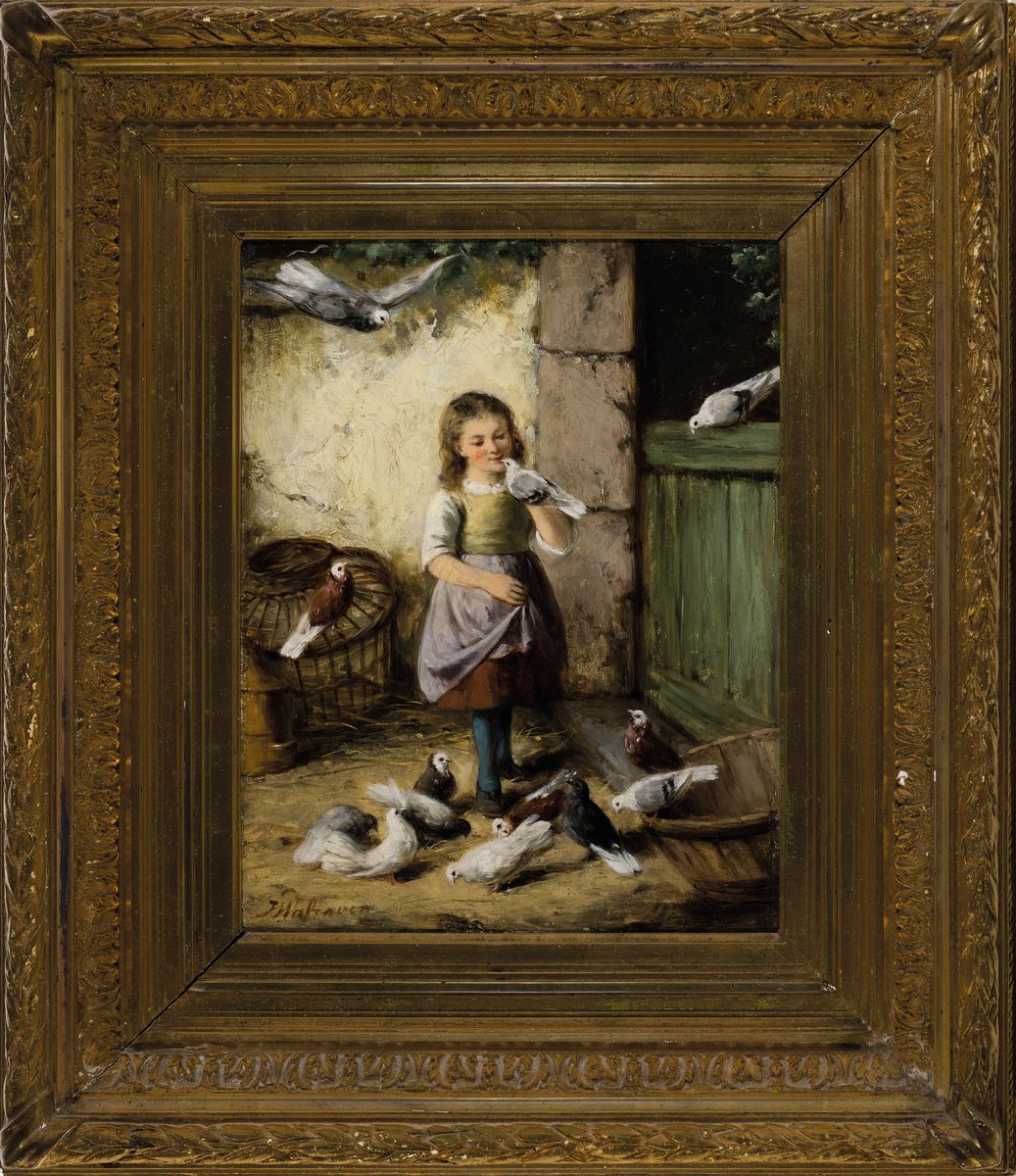 Detail n: Jan Walraven, 1827 Amsterdam-1863, 2 Pendants: Mädchen beim Füttern der Tauben, bzw. Mädchen einen Hund belehrend, beide Öl/Holz, beide signiert, ...