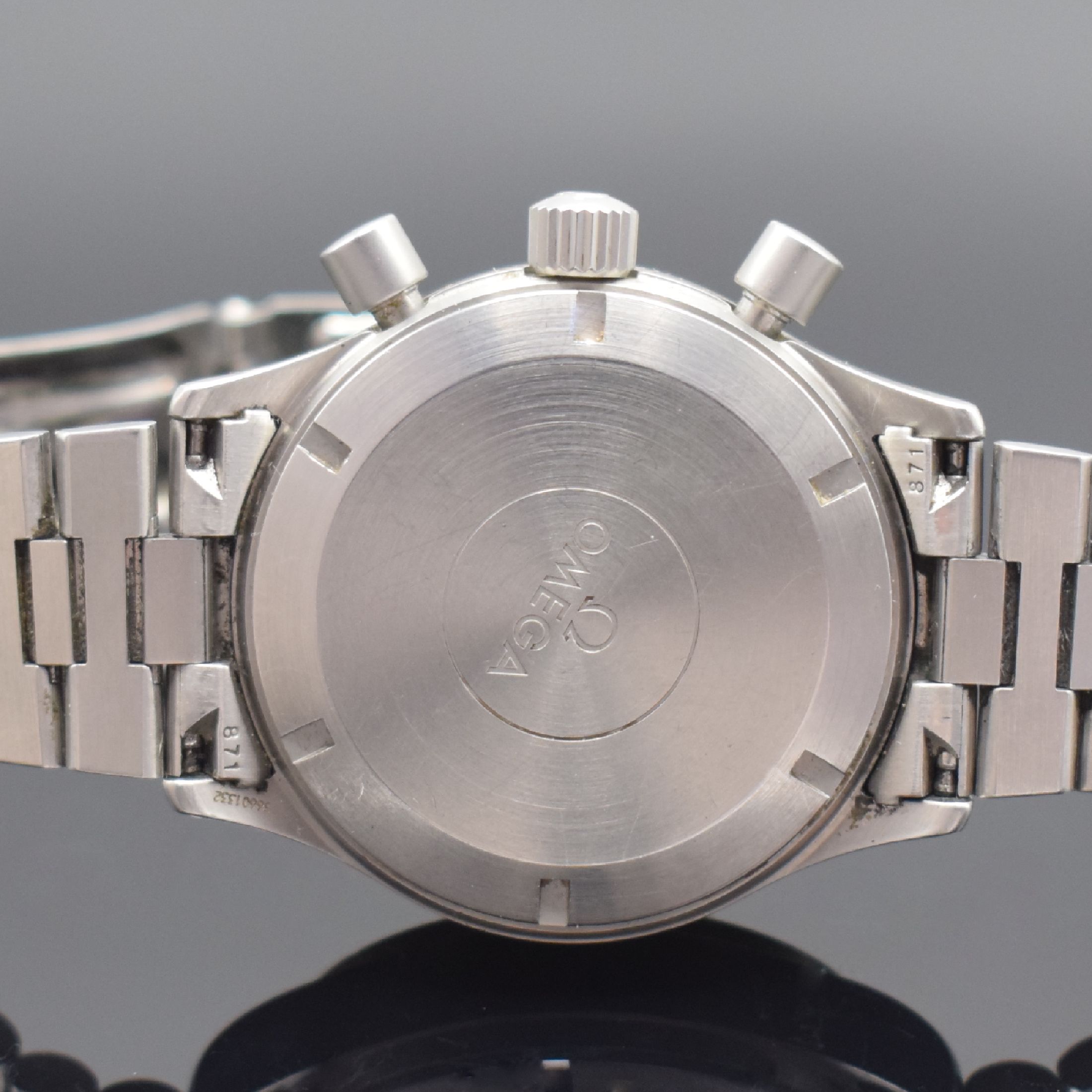 Detail d: OMEGA Dynamic Herrenarmbanduhr mit Chronograph, Schweiz um 2004, Automatik, verschr. Stahlgeh., orig. Gliederband m. Faltschl., schwarzes Zifferblatt ...