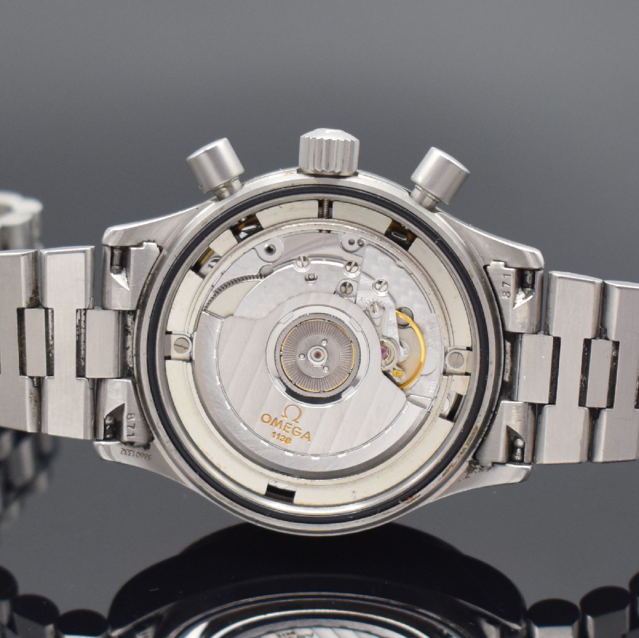 Detail e: OMEGA Dynamic Herrenarmbanduhr mit Chronograph, Schweiz um 2004, Automatik, verschr. Stahlgeh., orig. Gliederband m. Faltschl., schwarzes Zifferblatt ...