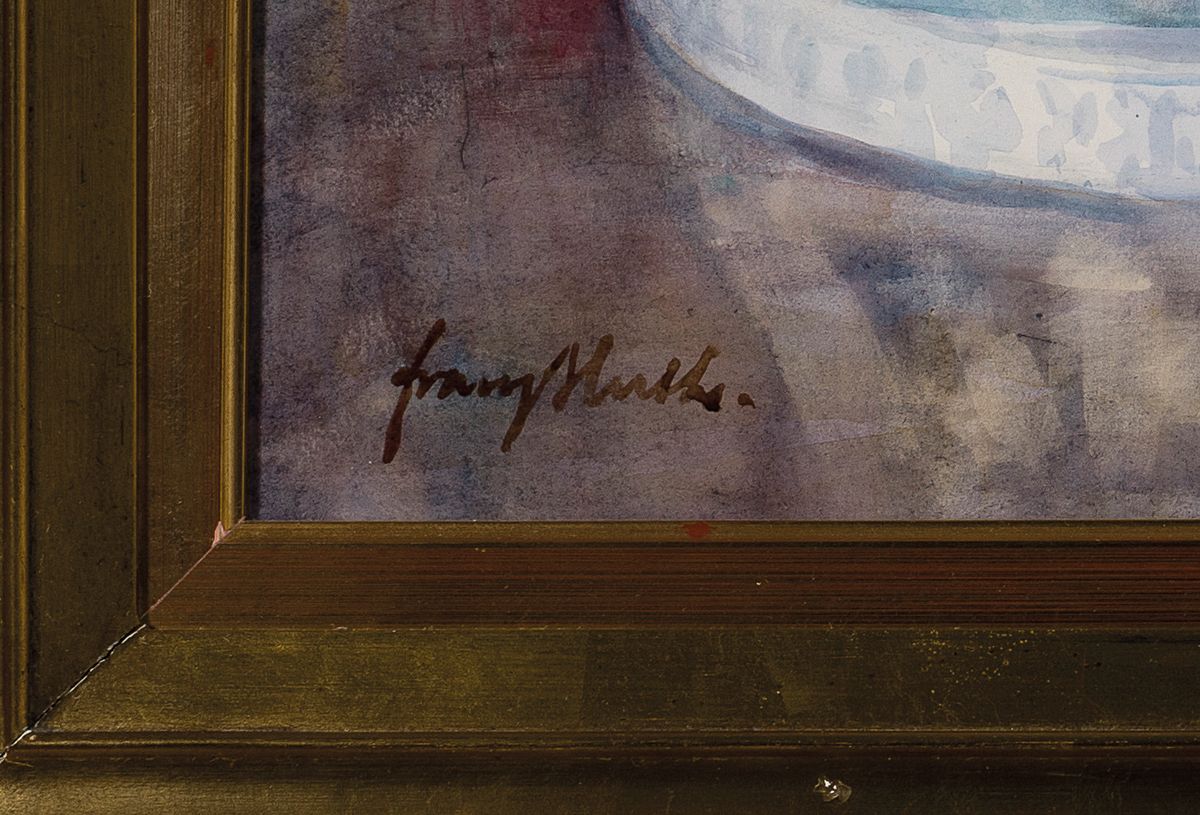 Detail a: Franz Huth, 1876 Pößneck-1970 Weimar, Stillleben mit Blumen, Porzellan und Gemälde, Aquarell auf Papier, links unten signiert, ca. 58x75cm, u.Gl., ...