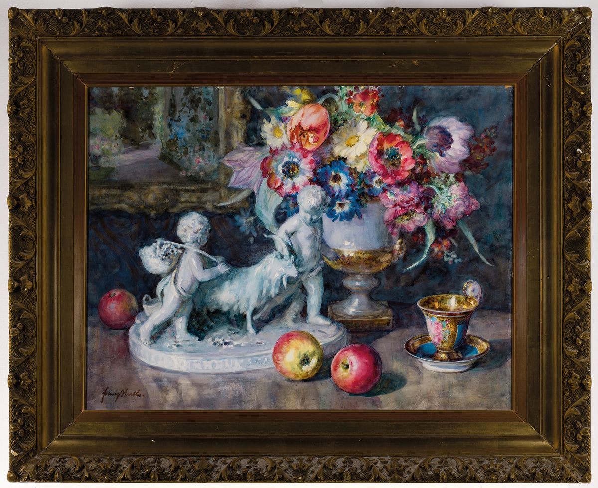 Detail k: Franz Huth, 1876 Pößneck-1970 Weimar, Stillleben mit Blumen, Porzellan und Gemälde, Aquarell auf Papier, links unten signiert, ca. 58x75cm, u.Gl., ...