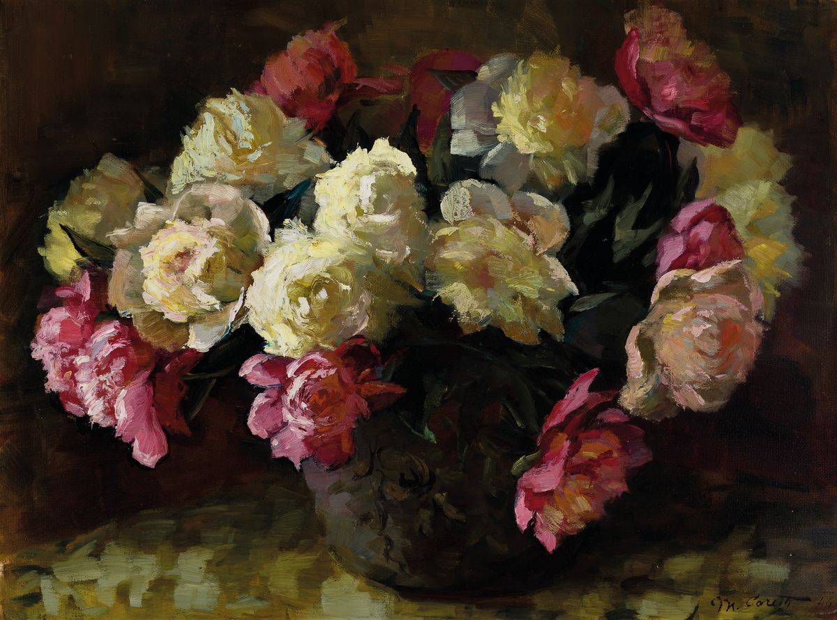 Madeleine Coreth, geb. 1918, Stillleben mit Pfingstrosen, Öl/Malkarton, rechts unten signiert, ca. 46x62cm, R. ca. 55x71cm